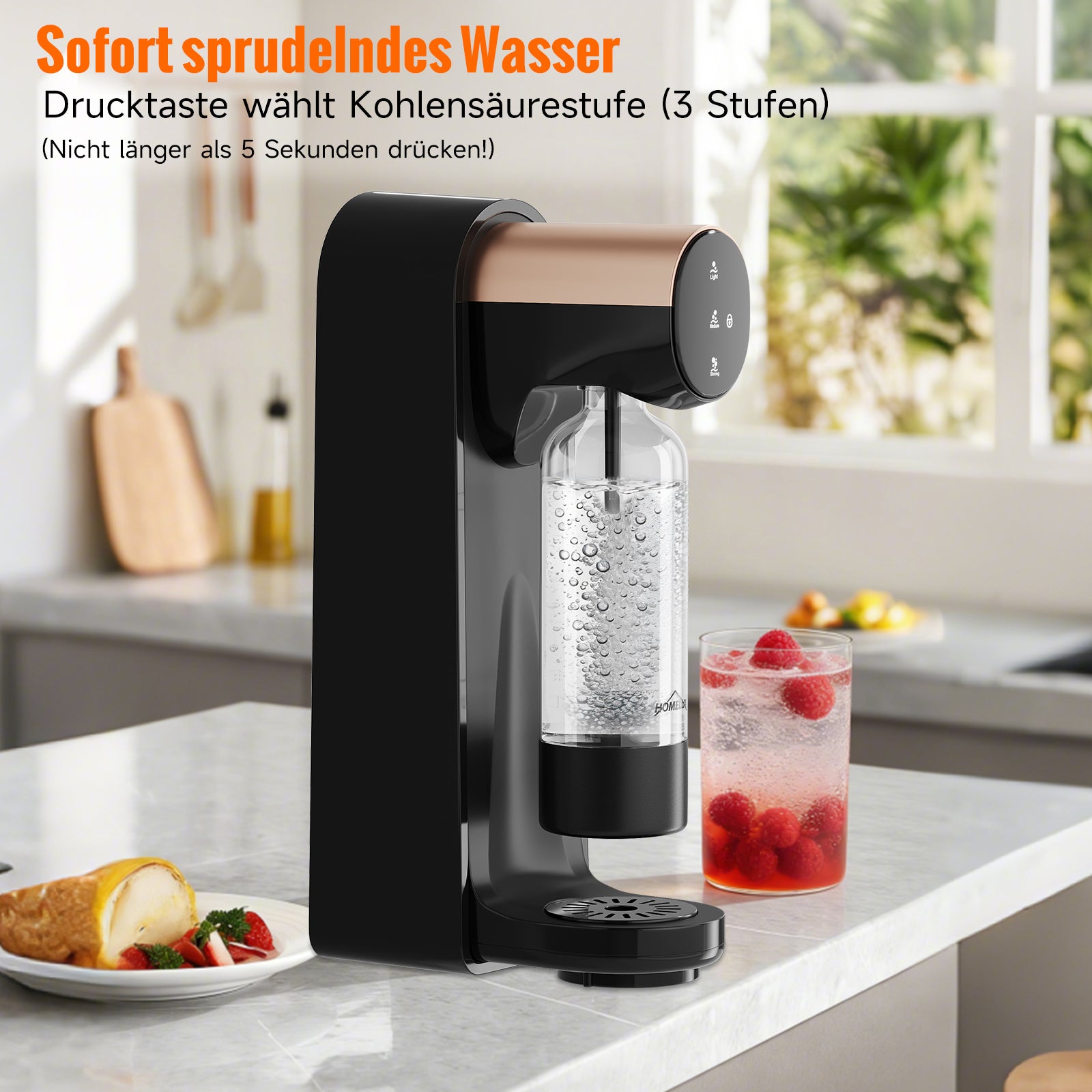 HOMELUX Elektrischer Wassersprudler, Touch-Bedienung, 3 Sprudelstärken, inkl. BPA-freier PET-Flasche, Schwarz
