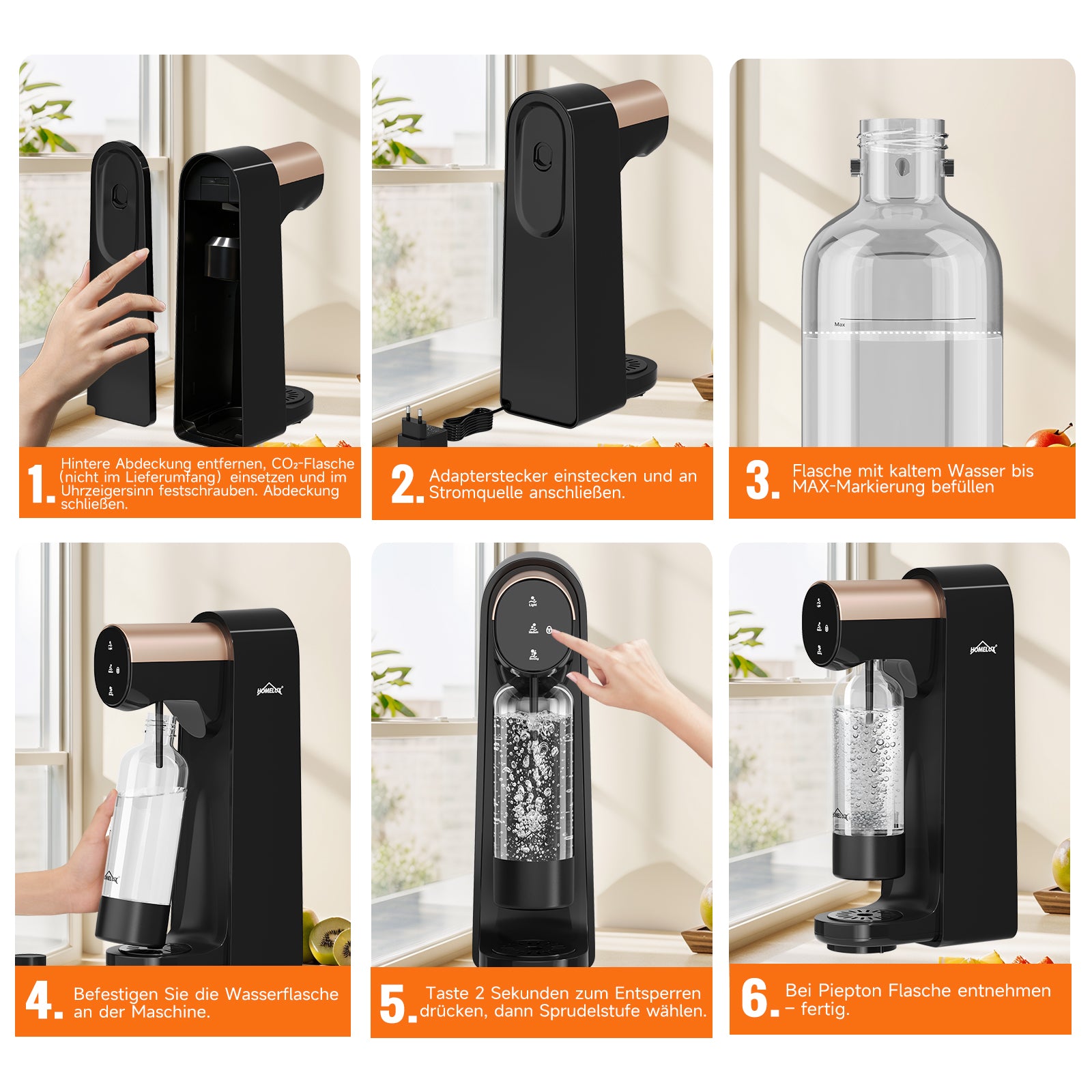 HOMELUX Elektrischer Wassersprudler, Touch-Bedienung, 3 Sprudelstärken, inkl. BPA-freier PET-Flasche, Schwarz