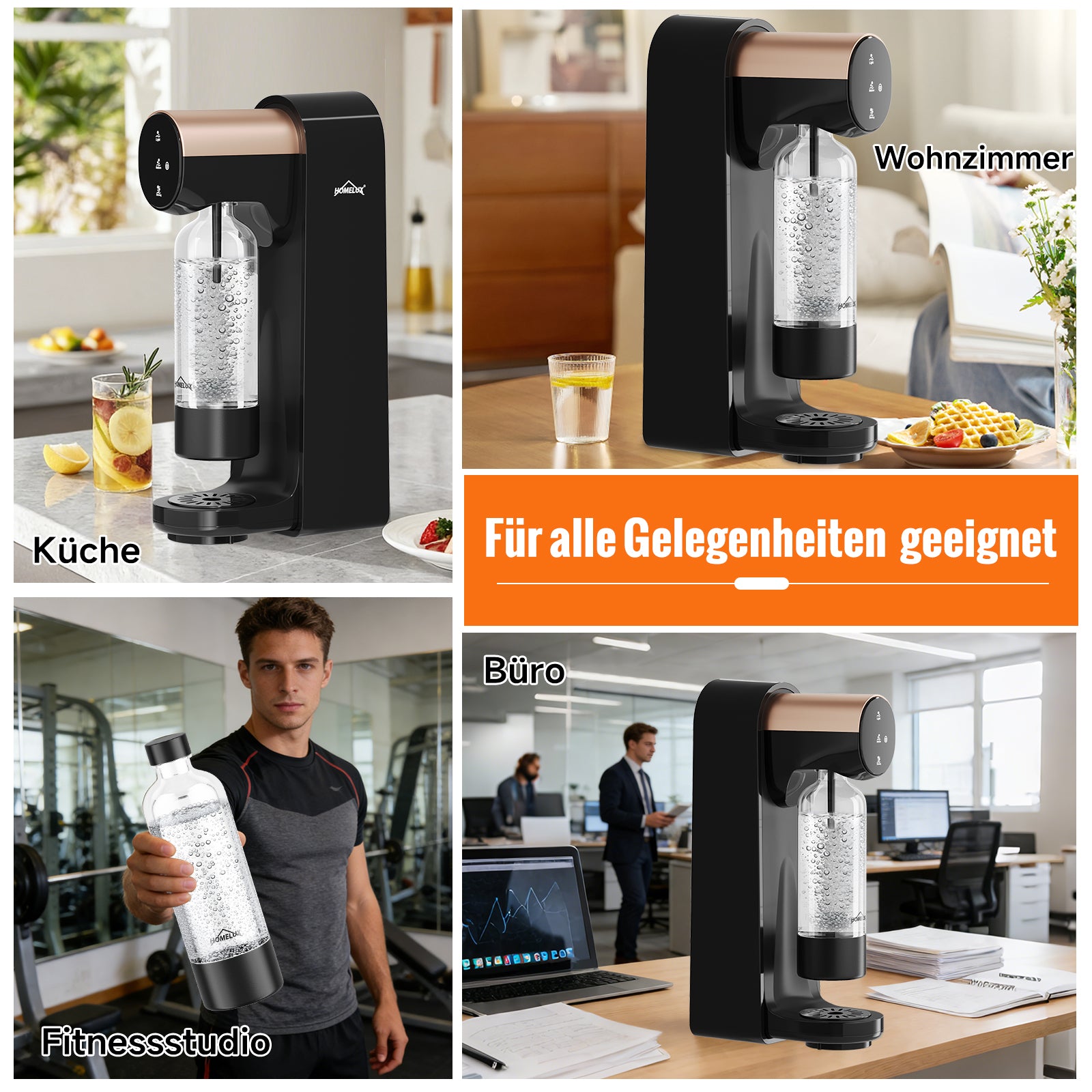 HOMELUX Elektrischer Wassersprudler, Touch-Bedienung, 3 Sprudelstärken, inkl. BPA-freier PET-Flasche, Schwarz
