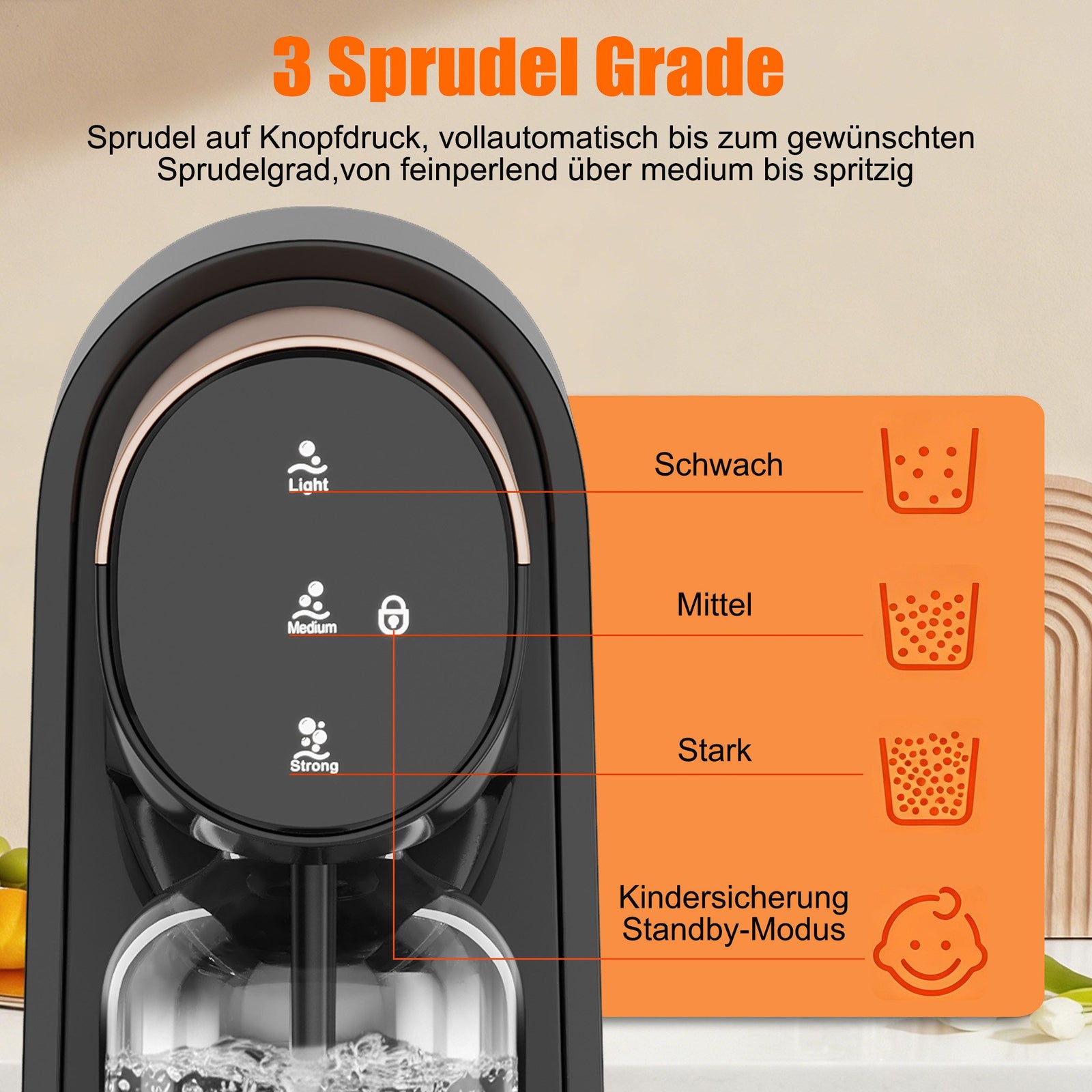 HOMELUX Elektrischer Wassersprudler, Touch-Bedienung, 3 Sprudelstärken, inkl. BPA-freier PET-Flasche, Schwarz