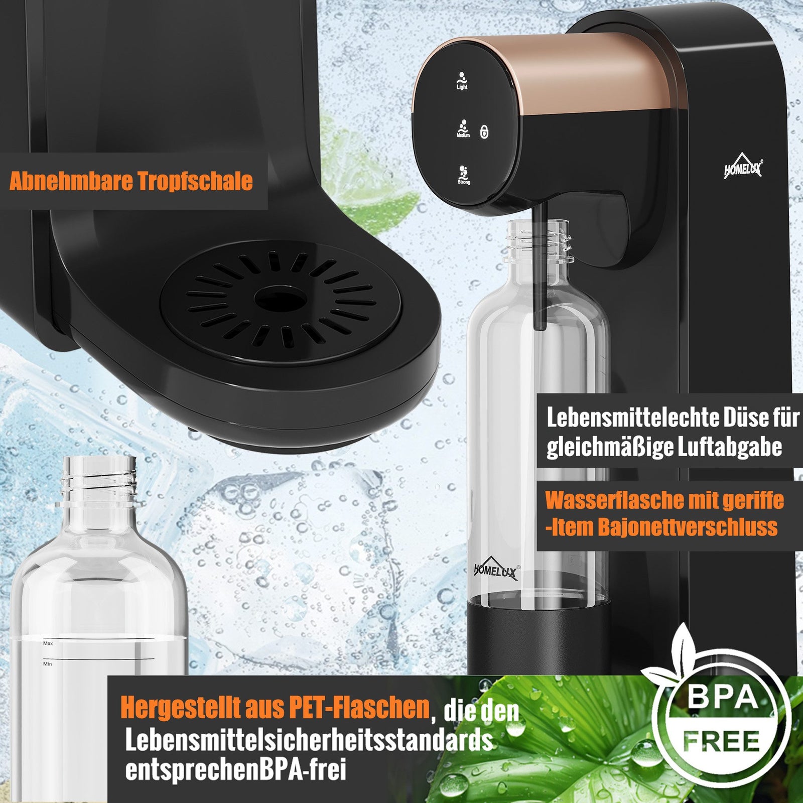 HOMELUX Elektrischer Wassersprudler, Touch-Bedienung, 3 Sprudelstärken, inkl. BPA-freier PET-Flasche, Schwarz