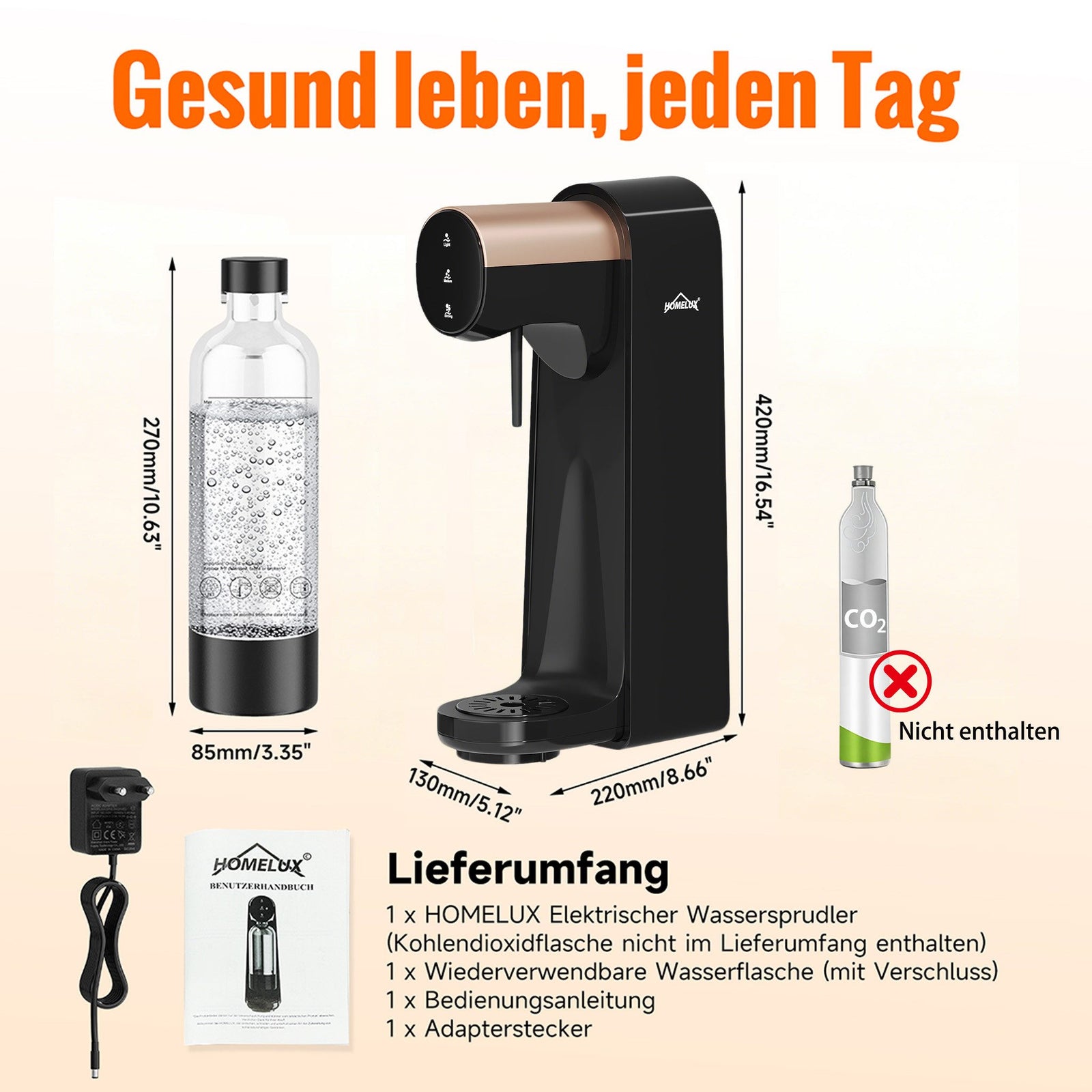 HOMELUX Elektrischer Wassersprudler, Touch-Bedienung, 3 Sprudelstärken, inkl. BPA-freier PET-Flasche, Schwarz