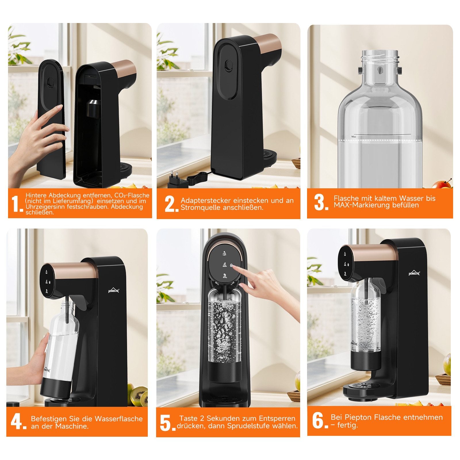 HOMELUX Elektrischer Wassersprudler, Touch-Bedienung, 3 Sprudelstärken, inkl. BPA-freier PET-Flasche, Schwarz