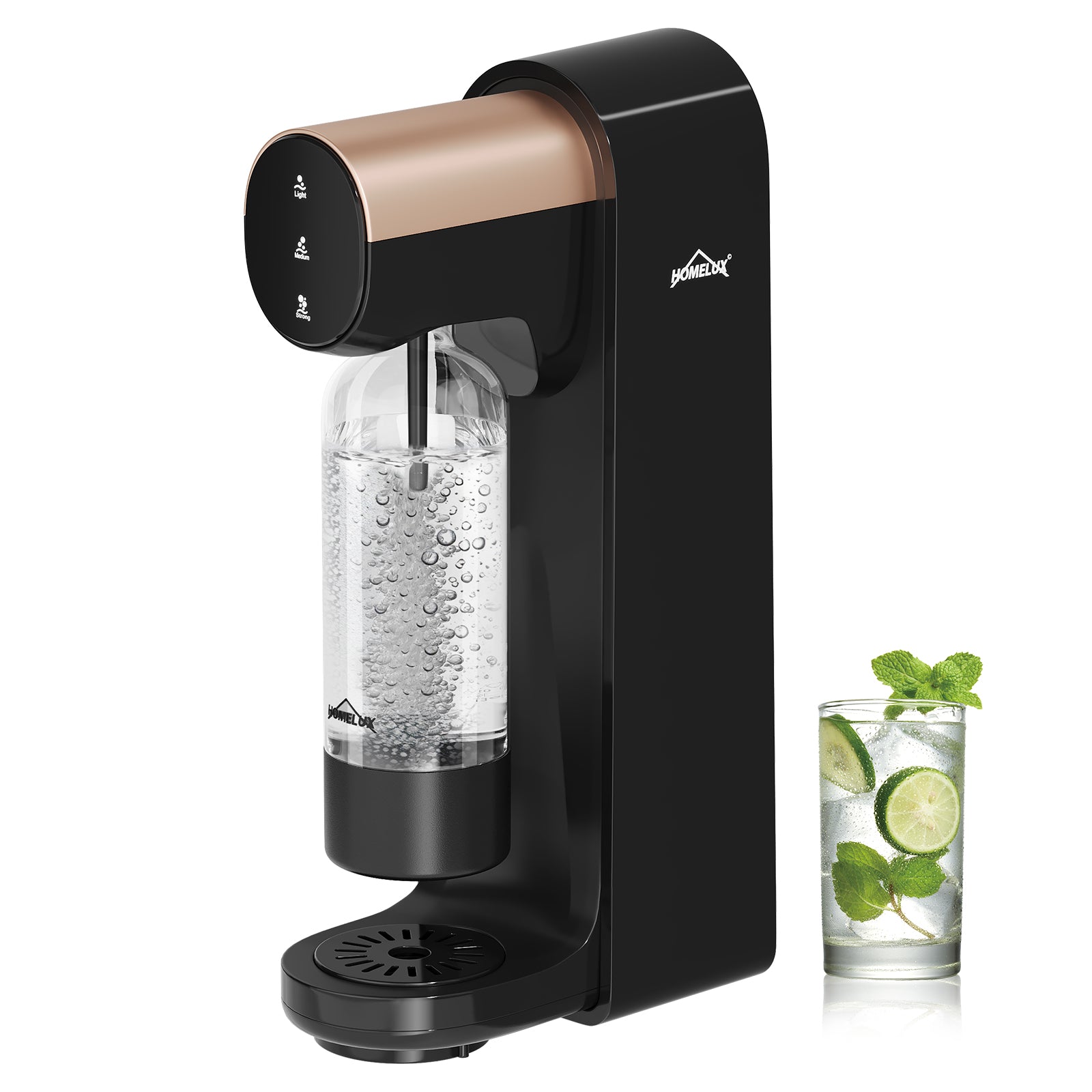 HOMELUX Elektrischer Wassersprudler, Touch-Bedienung, 3 Sprudelstärken, inkl. BPA-freier PET-Flasche, Schwarz