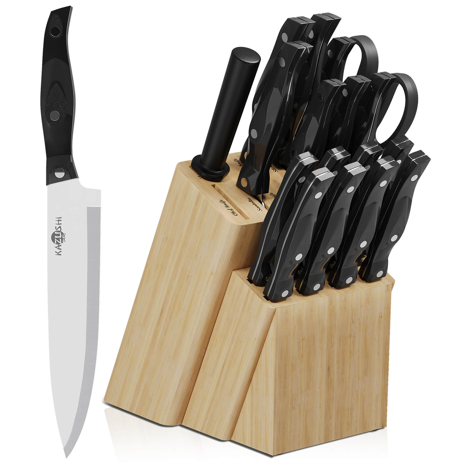 19-teiliges Profi Messerset mit Holzblock – Superscharf, ergonomisch, rostfrei – Küchenmesser, Schärfer, Schere, All-in-One Set
