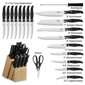 19-teiliges Profi Messerset mit Holzblock – Superscharf, ergonomisch, rostfrei – Küchenmesser, Schärfer, Schere, All-in-One Set