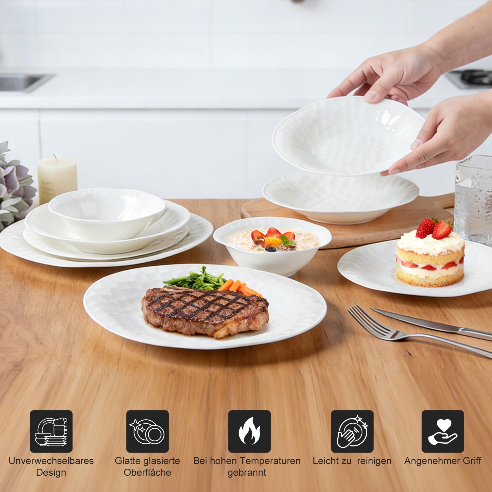 24-teiliges Keramik-Tafelgeschirr-Set für 6 Personen mit elegantem Wellendesign, spülmaschinenfest