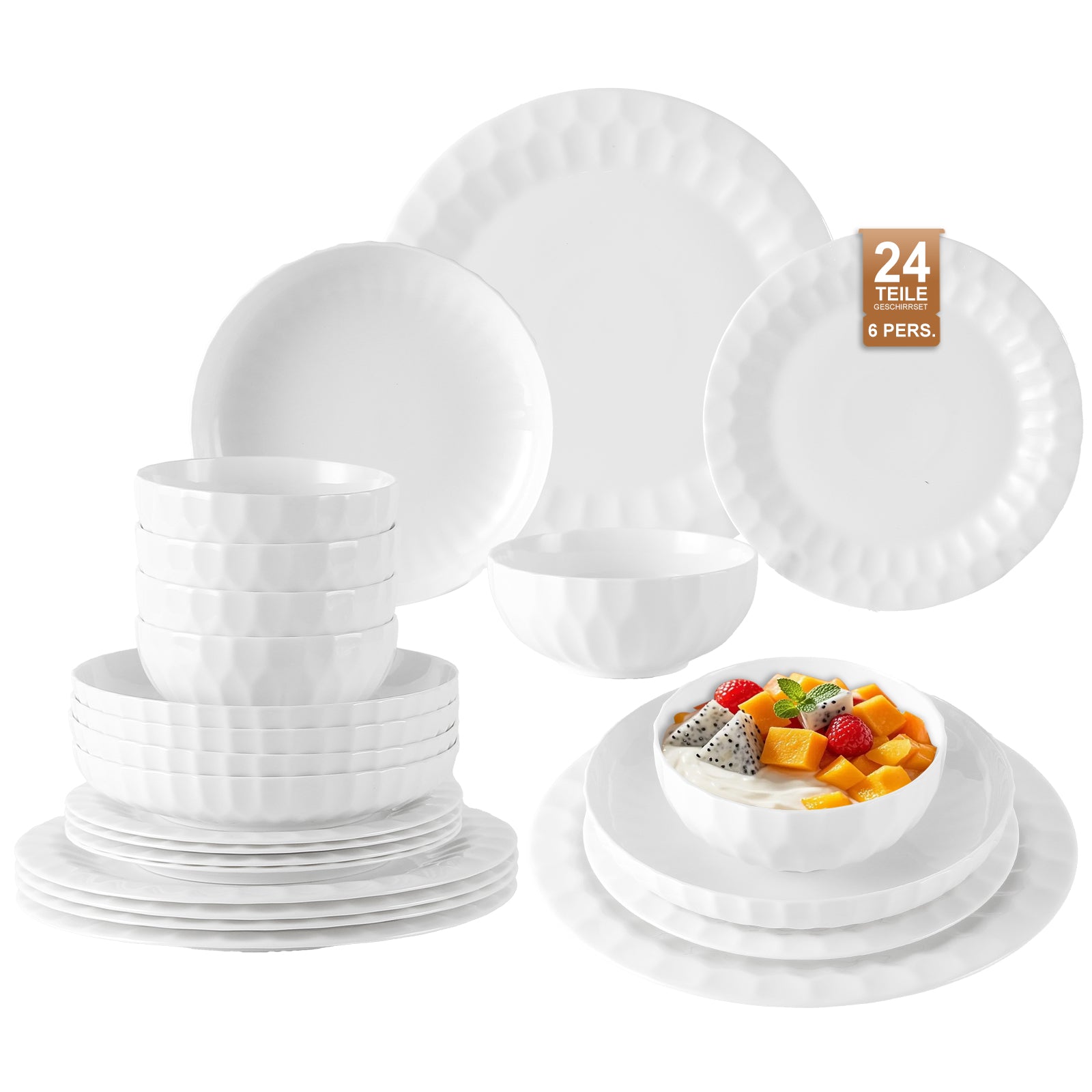 24-teiliges Keramik-Tafelgeschirr-Set für 6 Personen in elegantem Relief-Design, spülmaschinenfest