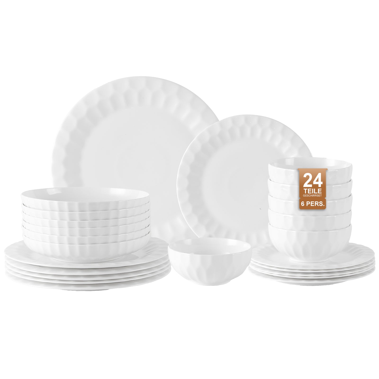 24-teiliges Keramik-Tafelgeschirr-Set für 6 Personen in elegantem Relief-Design, spülmaschinenfest