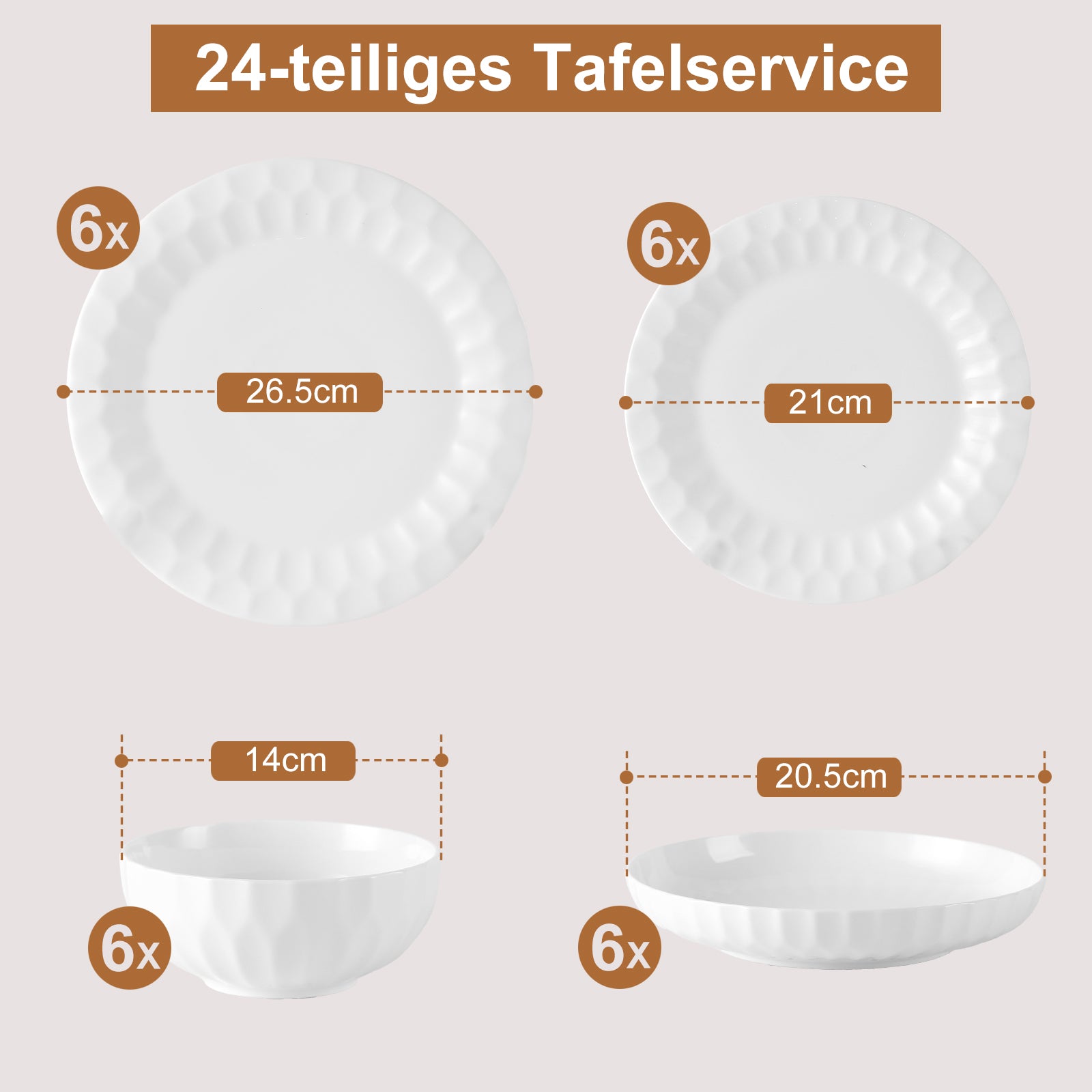 24-teiliges Keramik-Tafelgeschirr-Set für 6 Personen in elegantem Relief-Design, spülmaschinenfest