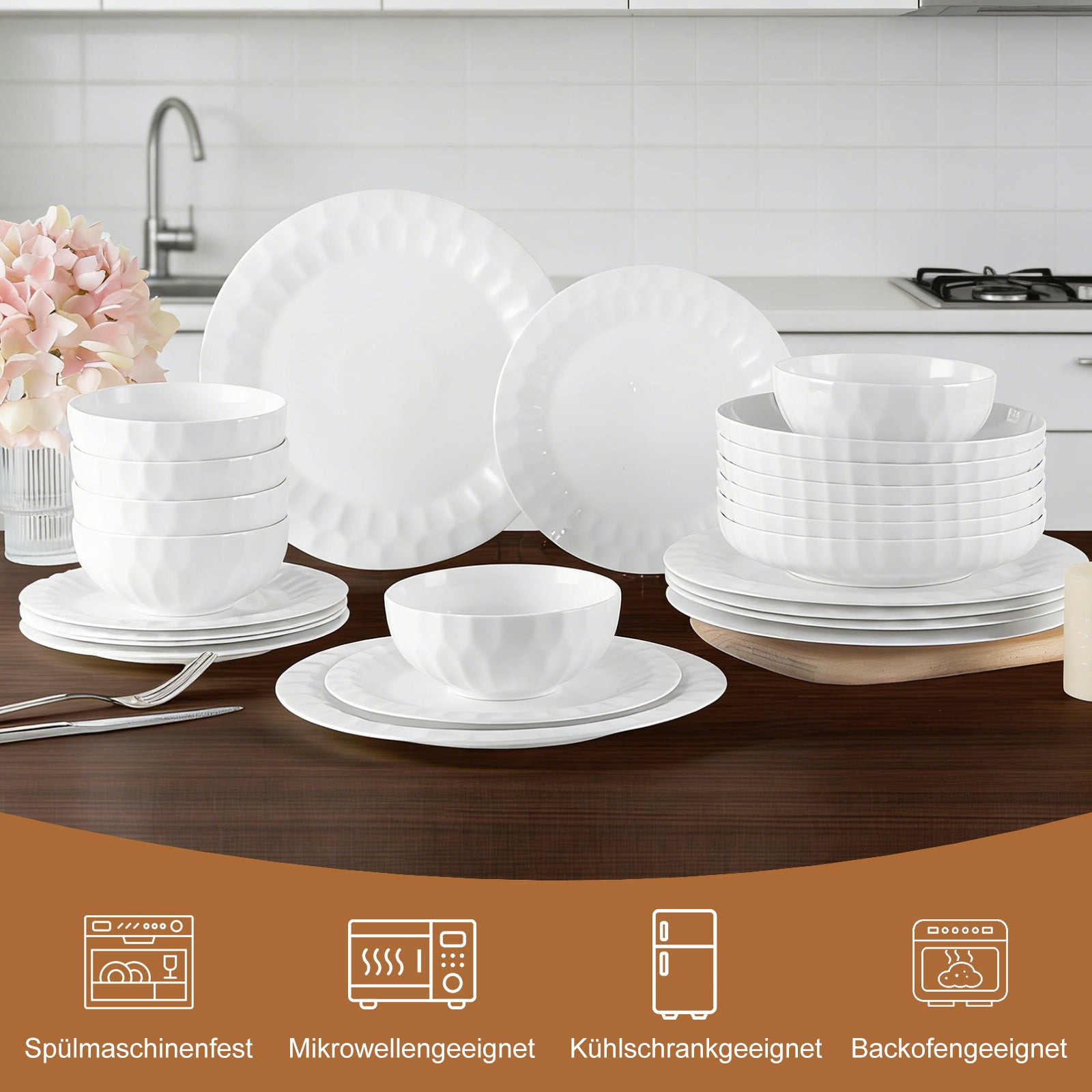 24-teiliges Keramik-Tafelgeschirr-Set für 6 Personen in elegantem Relief-Design, spülmaschinenfest