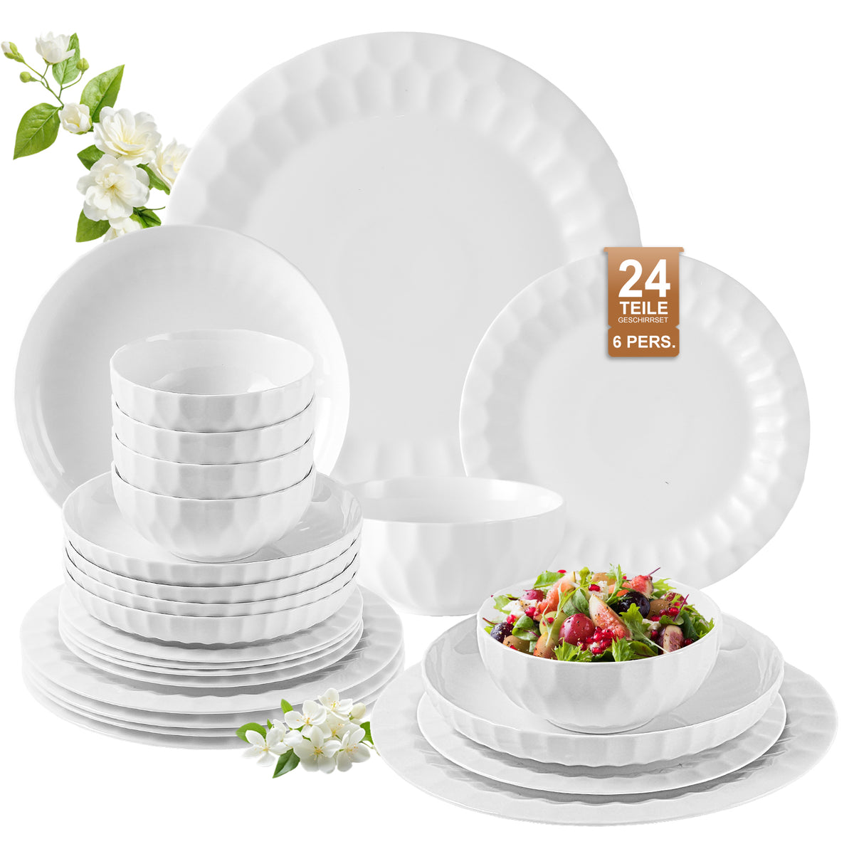 24-teiliges Keramik-Tafelgeschirr-Set für 6 Personen in elegantem Relief-Design, spülmaschinenfest