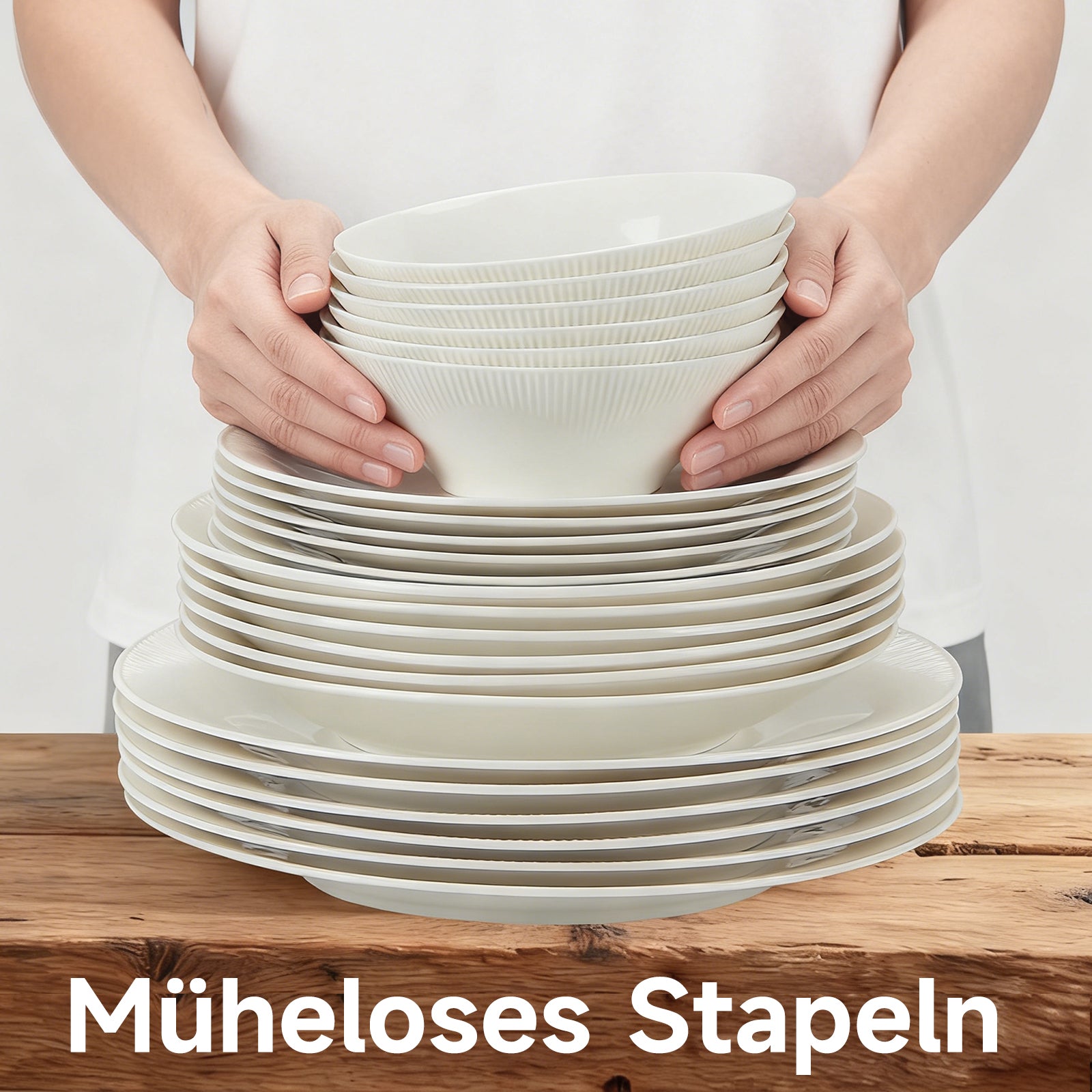 24-teiliges Keramik-Geschirrset für 6 Personen, spülmaschinenfest, modernes Rillendesign