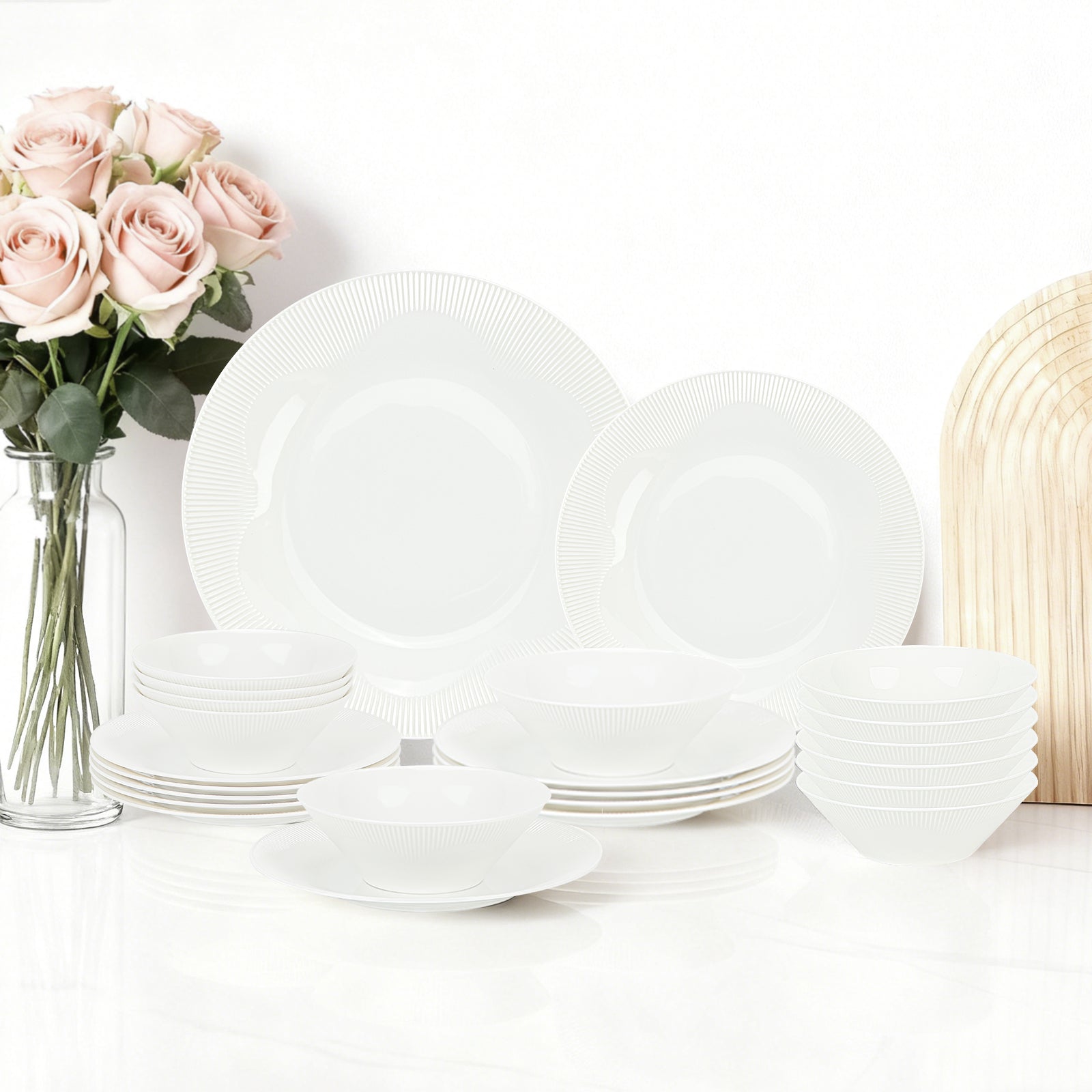 24-teiliges Keramik-Geschirrset für 6 Personen, spülmaschinenfest, modernes Rillendesign