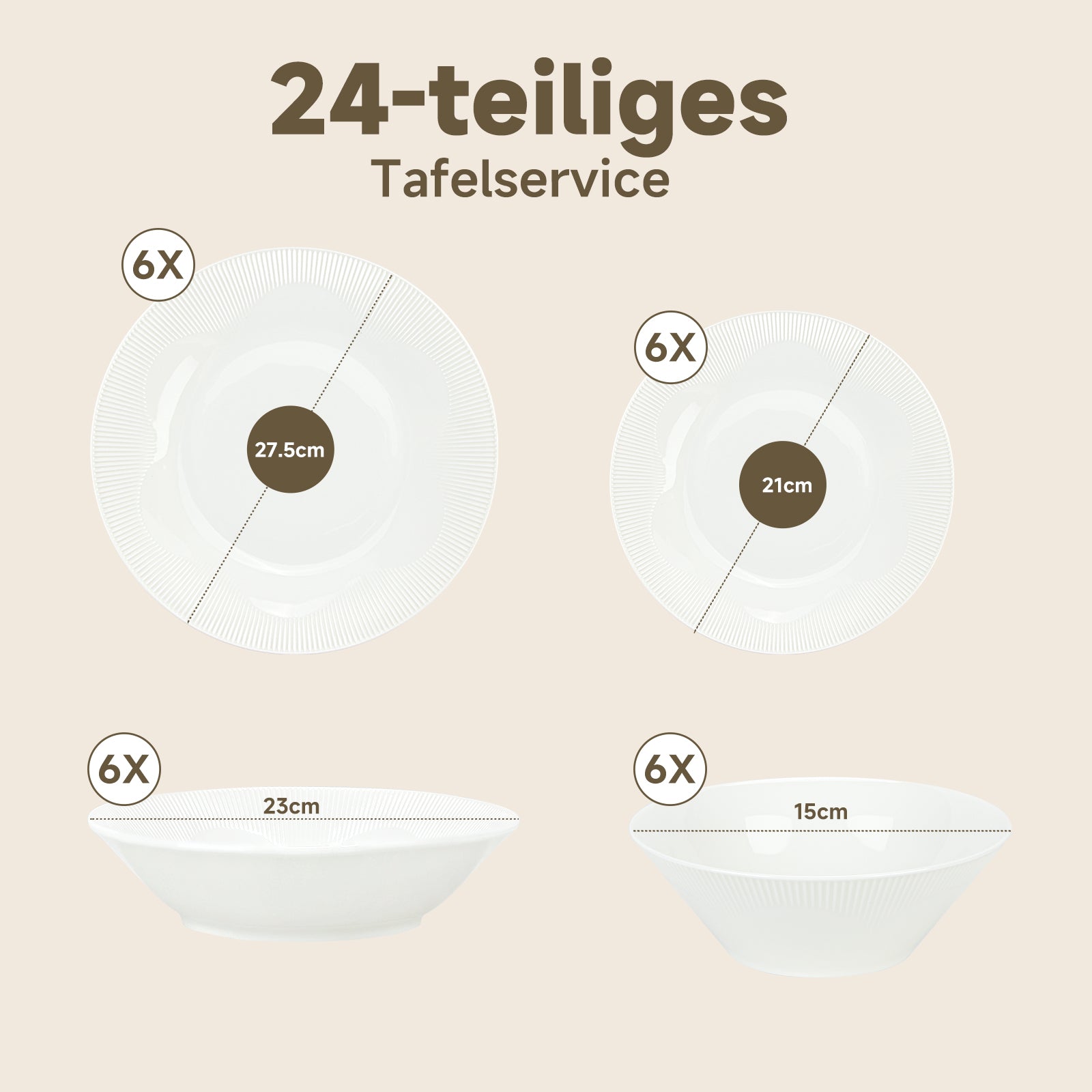24-teiliges Keramik-Geschirrset für 6 Personen, spülmaschinenfest, modernes Rillendesign