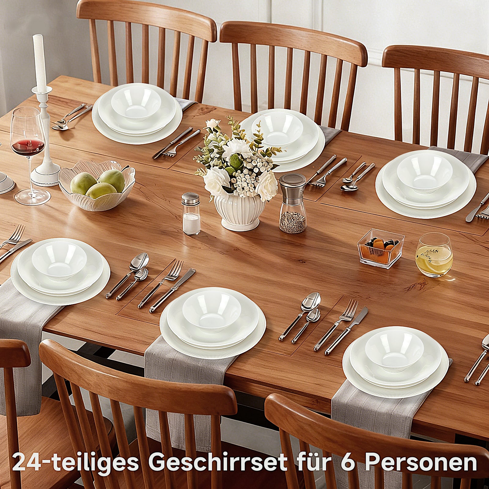 24-teiliges Keramik-Geschirrset für 6 Personen, spülmaschinenfest, modernes Rillendesign