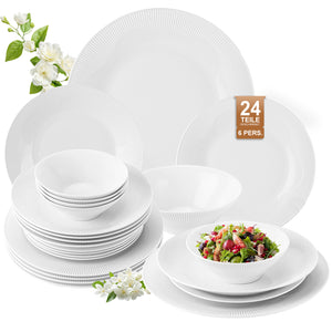 24-teiliges Keramik-Geschirrset für 6 Personen, spülmaschinenfest, modernes Rillendesign