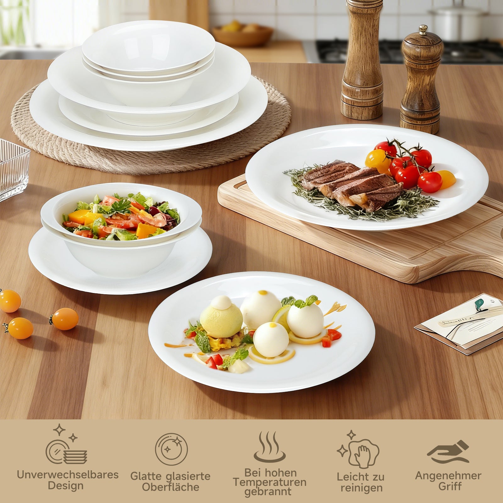 Hochwertiges 24-teiliges Keramik-Tafelservice in Weiß zeitloses Design für 6 Personen