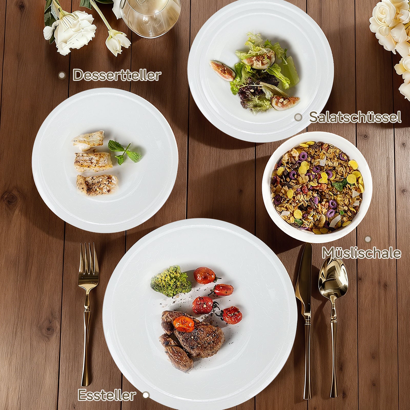 24-teiliges Keramik-Tafelservice in Weiß hochwertiges, zeitloses Geschirrset für 6 Personen