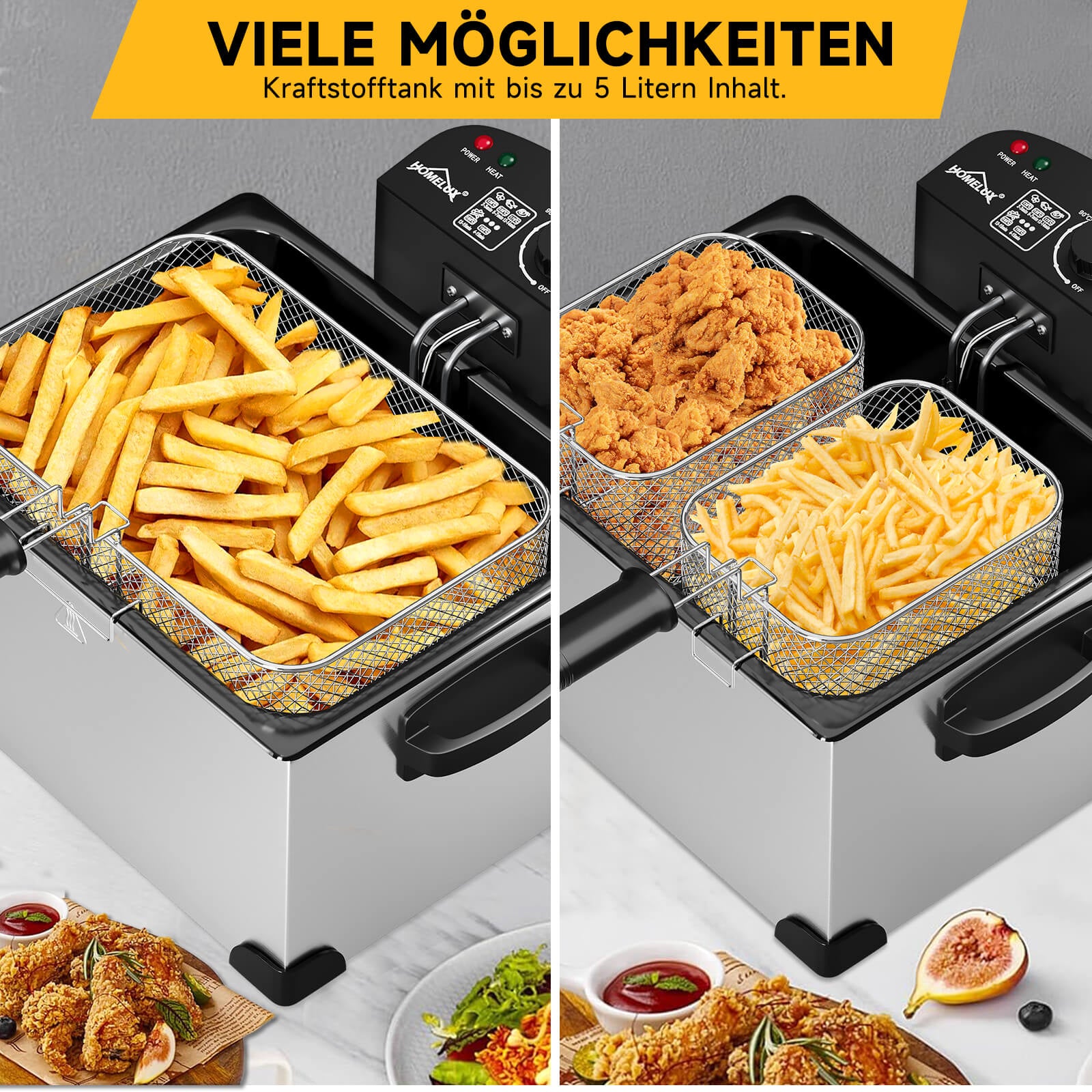Doppel-Fritteuse 5L Edelstahl, 2000W, 0-190°C, für große Familien, 3 Körbe, einfache Reinigung, Sichtfenster-Deckel