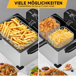Doppel-Fritteuse 5L Edelstahl, 2000W, 0-190°C, für große Familien, 3 Körbe, einfache Reinigung, Sichtfenster-Deckel