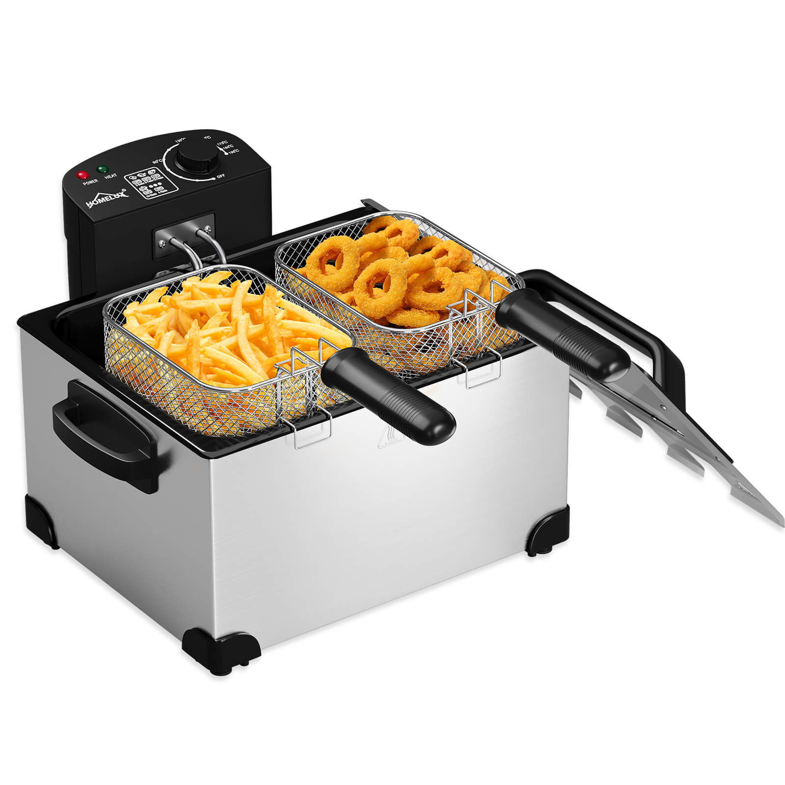 Doppel-Fritteuse 5L Edelstahl, 2000W, 0-190°C, für große Familien, 3 Körbe, einfache Reinigung, Sichtfenster-Deckel