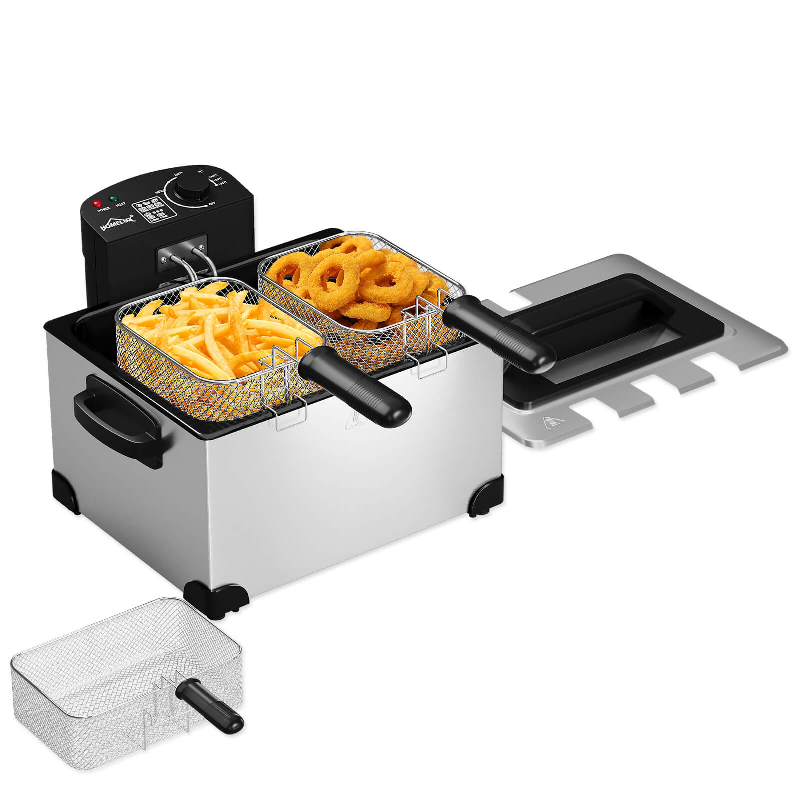Doppel-Fritteuse 5L Edelstahl, 2000W, 0-190°C, für große Familien, 3 Körbe, einfache Reinigung, Sichtfenster-Deckel