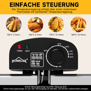 Doppel-Fritteuse 5L Edelstahl, 2000W, 0-190°C, für große Familien, 3 Körbe, einfache Reinigung, Sichtfenster-Deckel