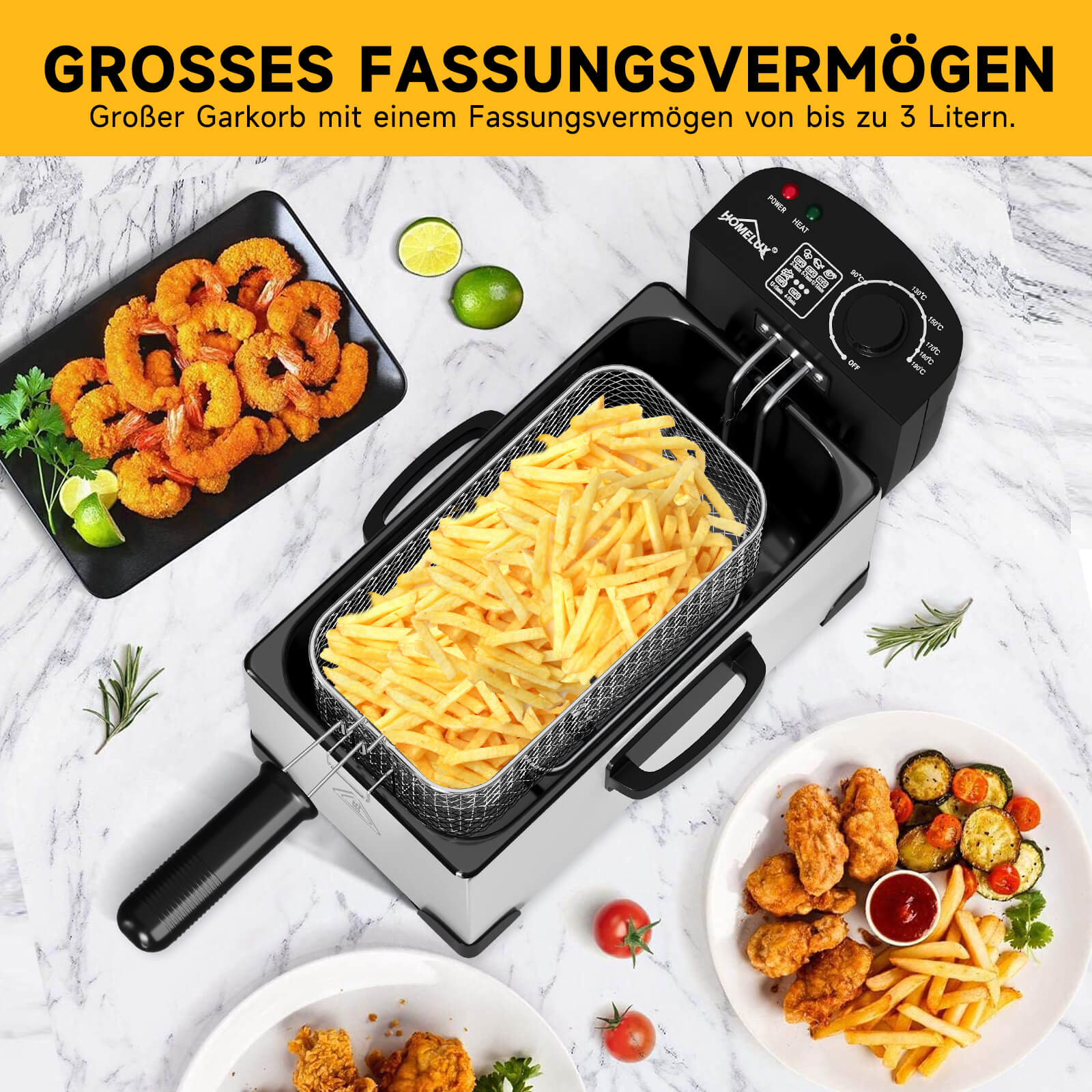 Doppel-Fritteuse 5L Edelstahl, 2000W, 0-190°C, für große Familien, 3 Körbe, einfache Reinigung, Sichtfenster-Deckel