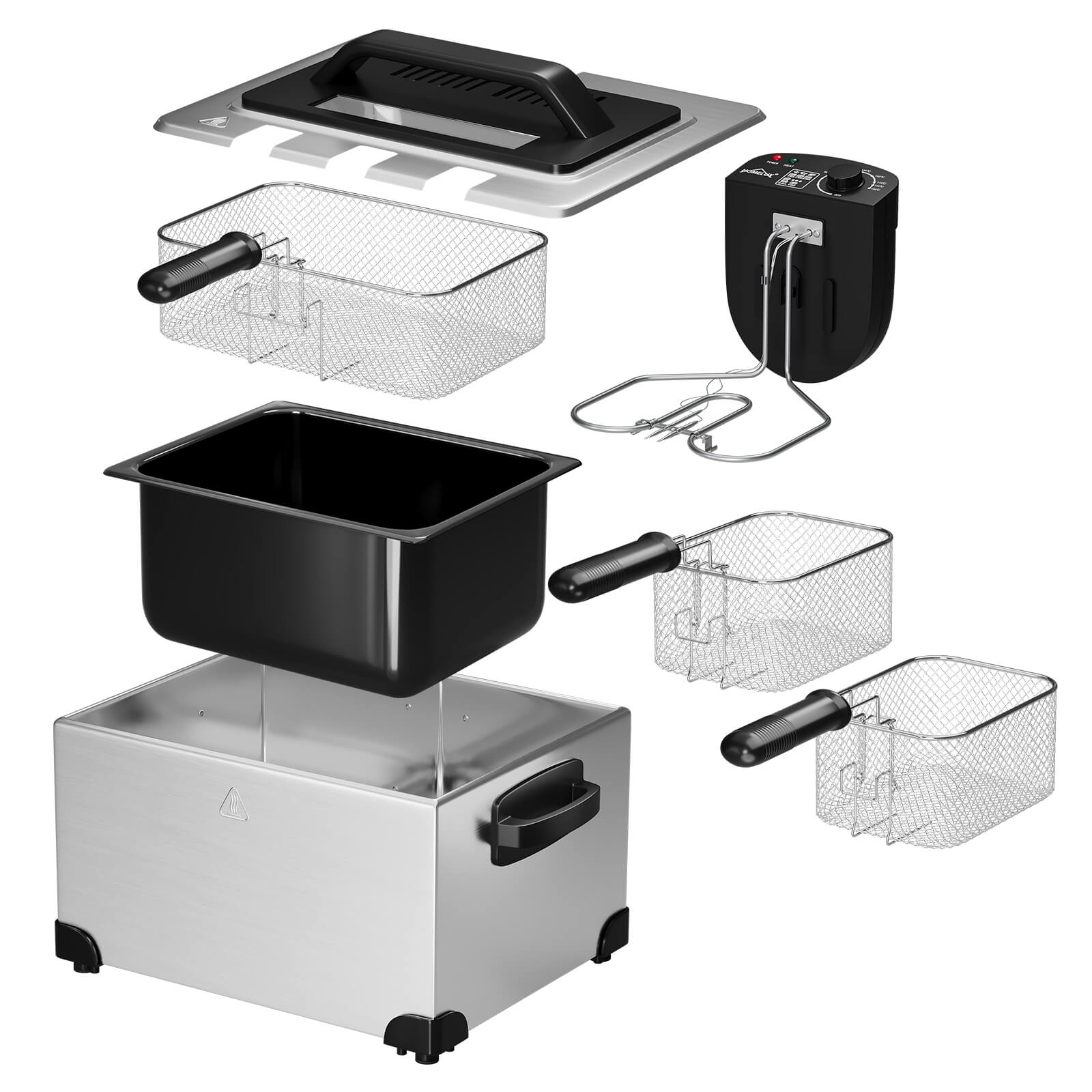 Doppel-Fritteuse 5L Edelstahl, 2000W, 0-190°C, für große Familien, 3 Körbe, einfache Reinigung, Sichtfenster-Deckel