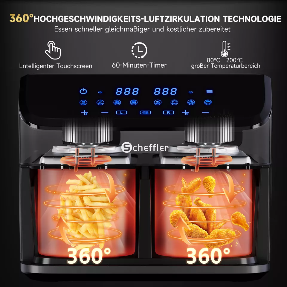 Scheffler Heißluftfritteuse 2 kammern 9L Airfryer 8 Programme Dual Cook & Sync Finish