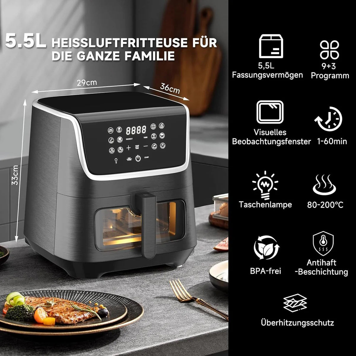 Heißluftfritteuse Scheffler XXL 5.5L: 1800 Watt, 12 Programme