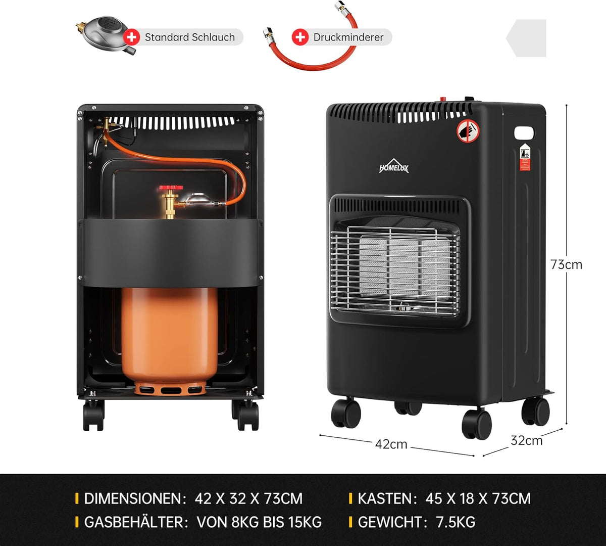 HOMELUX Gasheizung mobiles Raumheizgerät ohne Rauchabzug, 4,2 kW, Energieeffizienzklasse A