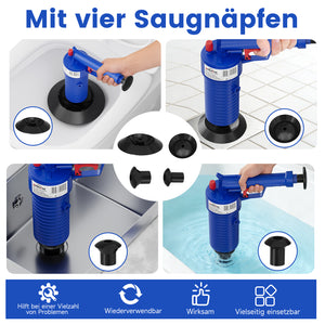 HOMELUX Druckluft Abflussreiniger Pümpel mit 4 Aufsätzen für Toilette, Waschbecken, Bad & Spüle, Hochdruck Rohrfrei ohne Chemie