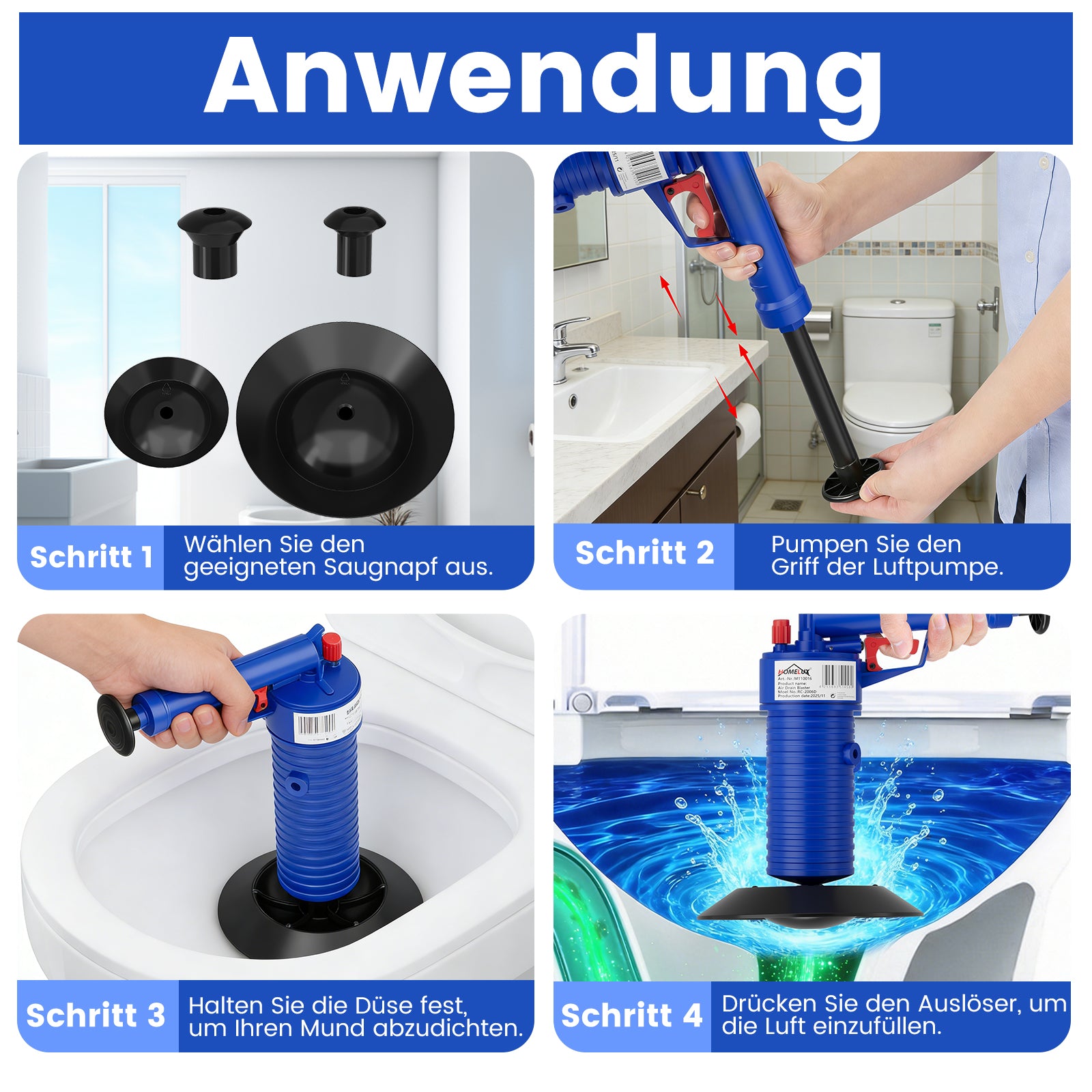 HOMELUX Druckluft Abflussreiniger Pümpel mit 4 Aufsätzen für Toilette, Waschbecken, Bad & Spüle, Hochdruck Rohrfrei ohne Chemie