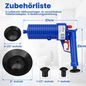 HOMELUX Druckluft Abflussreiniger Pümpel mit 4 Aufsätzen für Toilette, Waschbecken, Bad & Spüle, Hochdruck Rohrfrei ohne Chemie