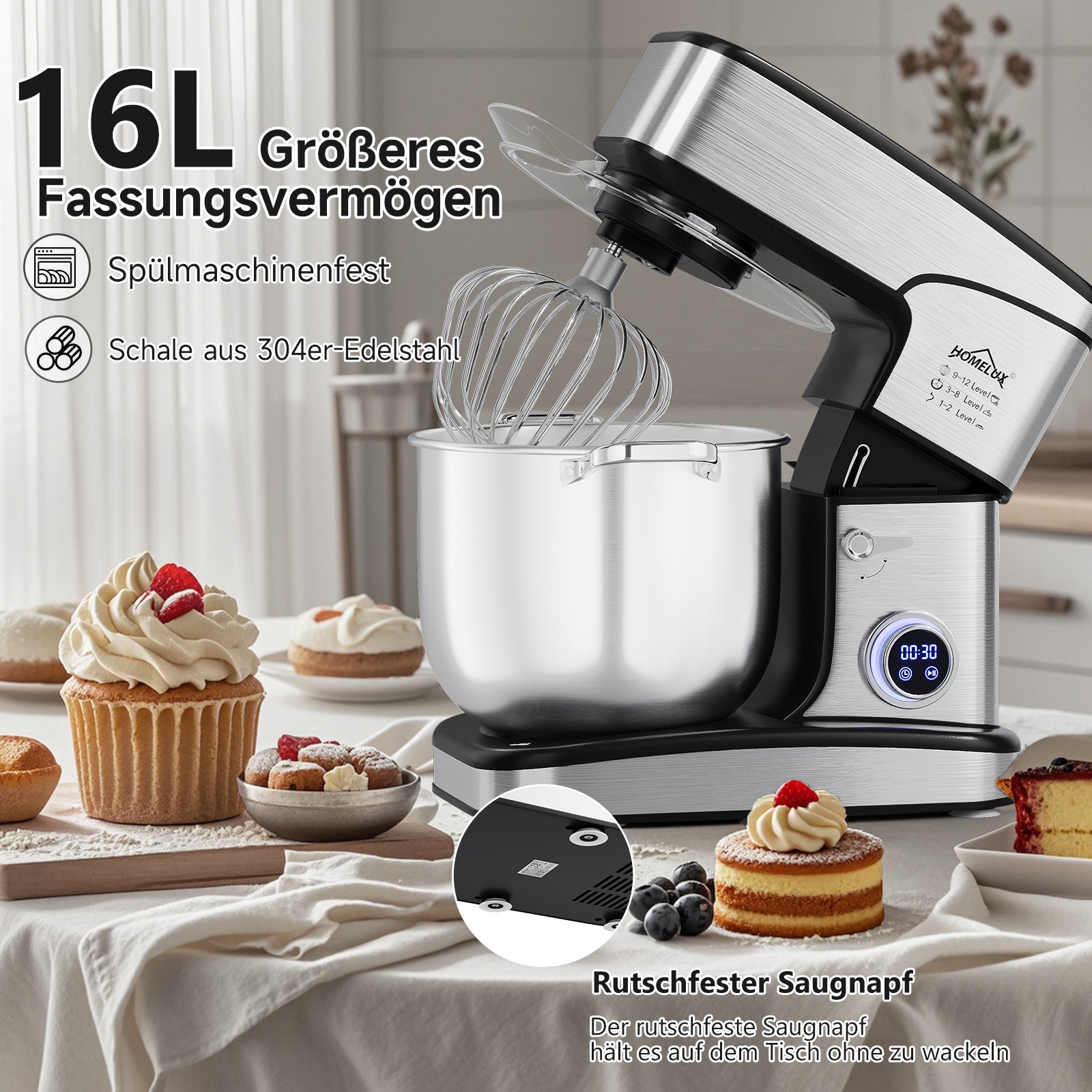HOMELUX 2800W Küchenmaschine mit 16L XXL Edelstahl-Schüssel und digitaler Steuerung