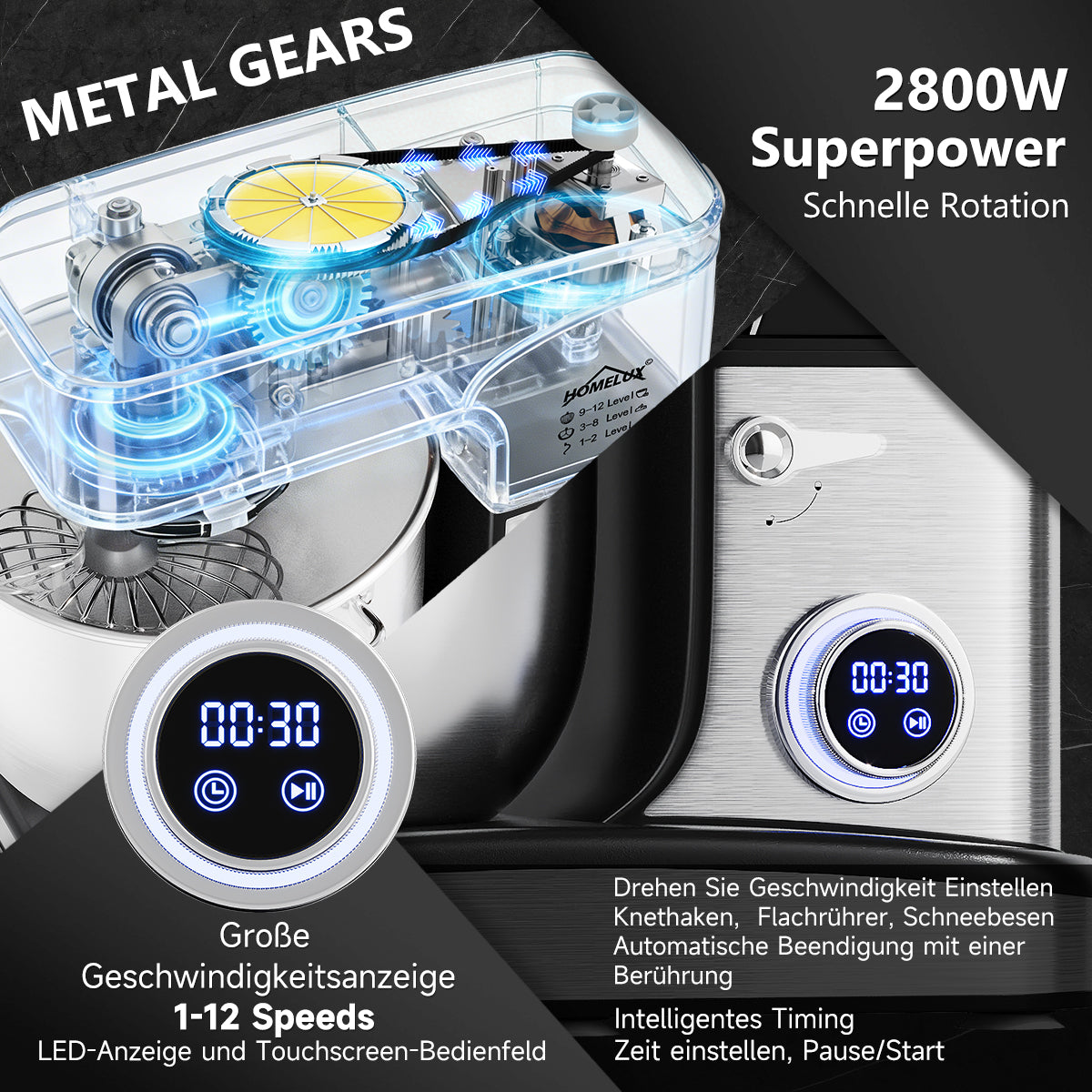 HOMELUX 2800W Küchenmaschine mit 16L XXL Edelstahl-Schüssel und digitaler Steuerung