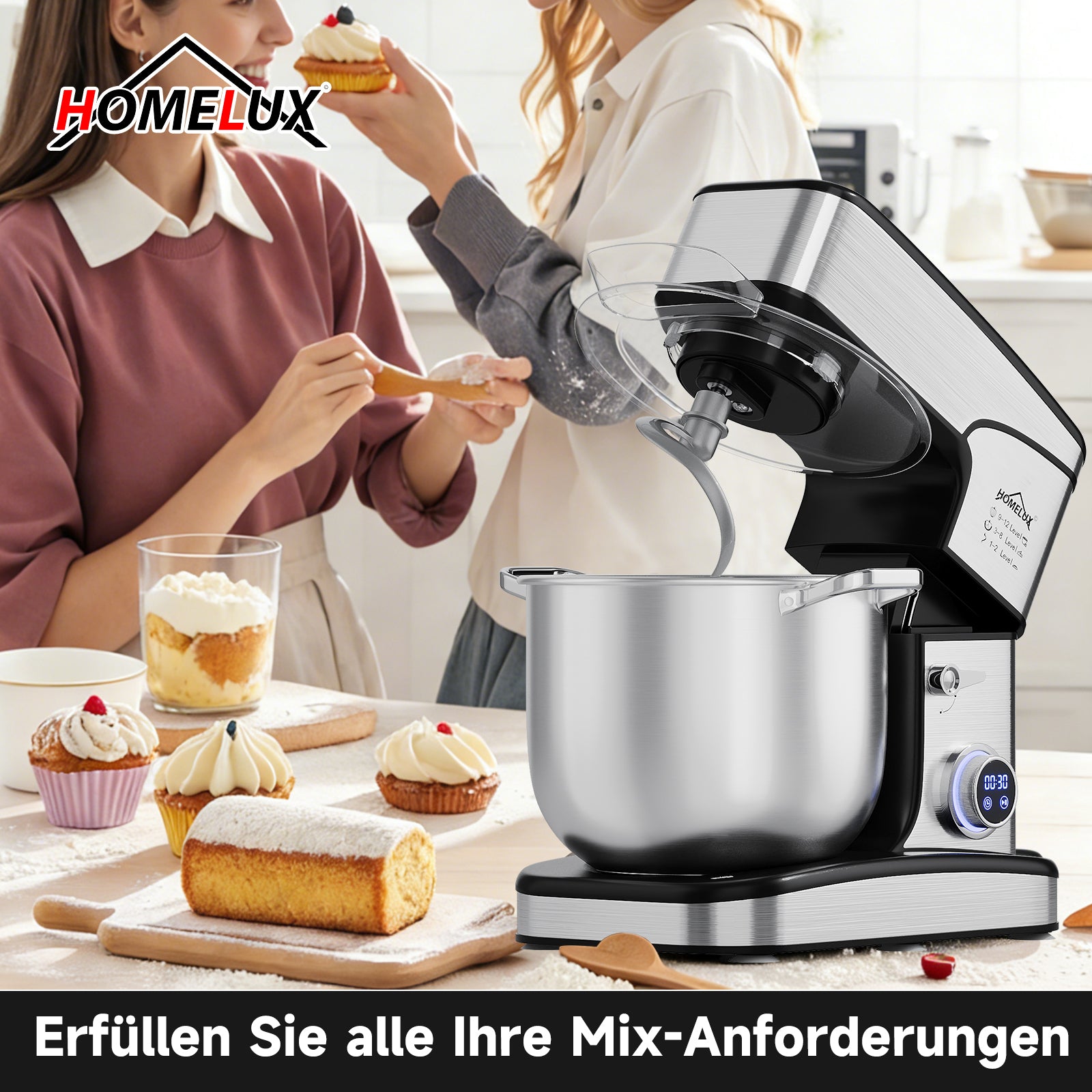 HOMELUX 2800W Küchenmaschine mit 16L XXL Edelstahl-Schüssel und digitaler Steuerung