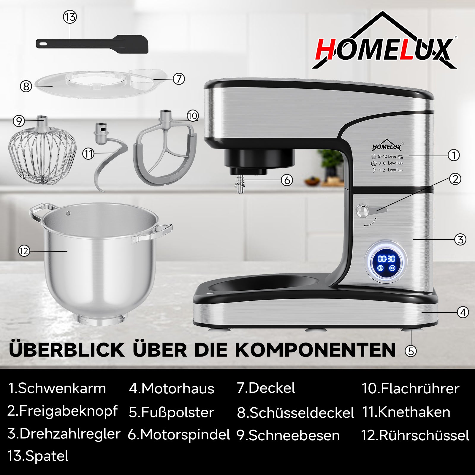 HOMELUX 2800W Küchenmaschine mit 16L XXL Edelstahl-Schüssel und digitaler Steuerung