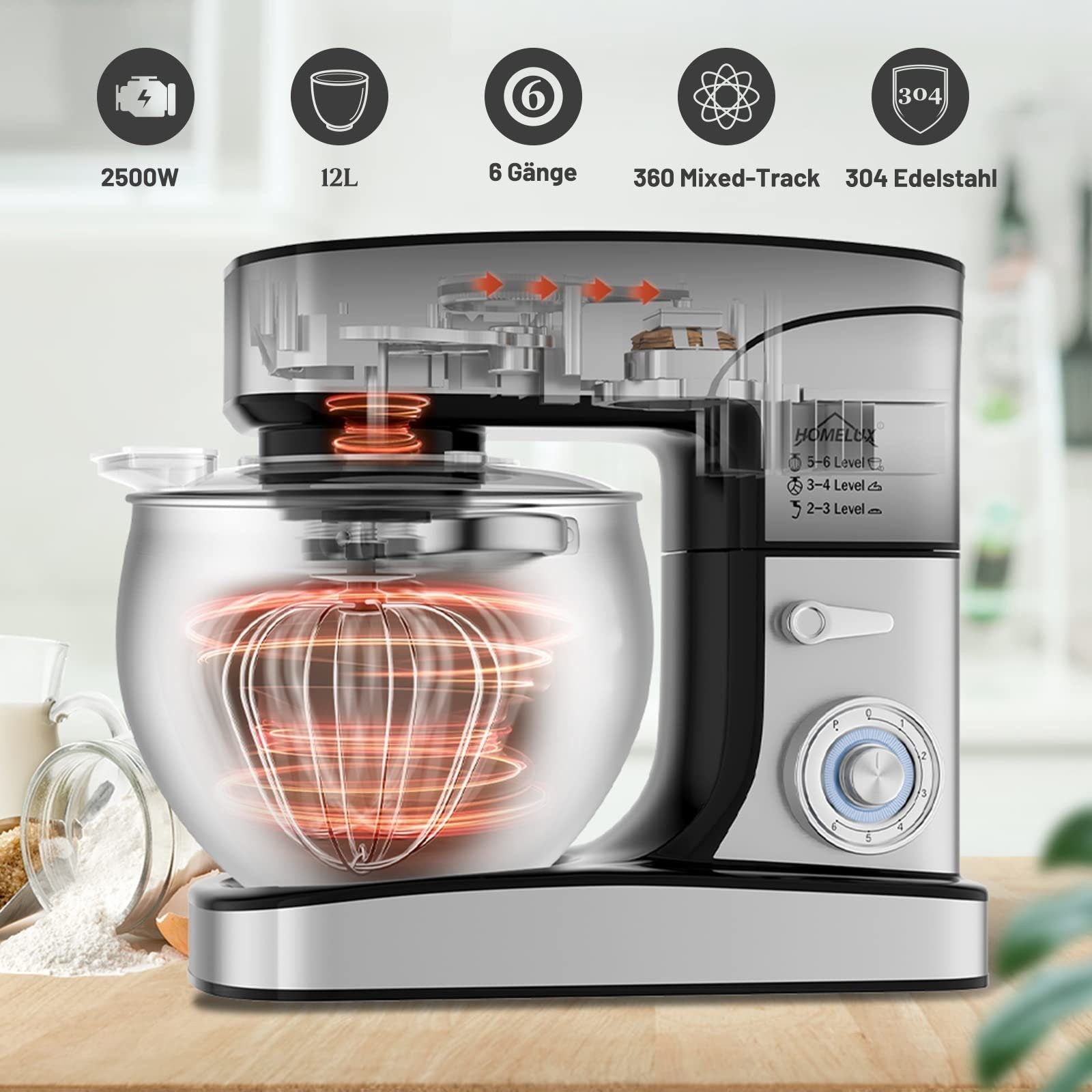 Food processor 2500W kneading machine, 12 L dough machine with stainless steel bowl 