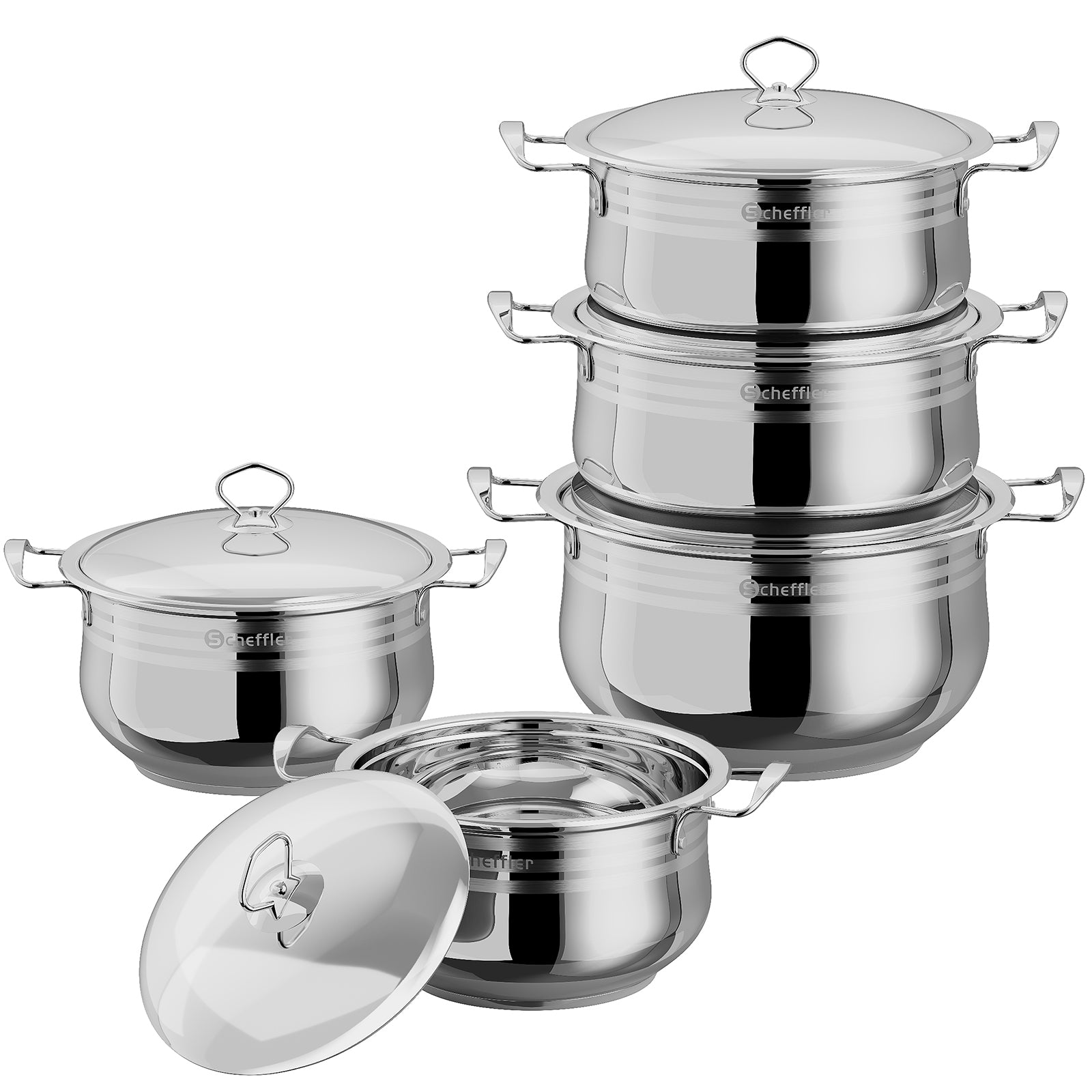 22/24/26/28/30 cm Topfset Scheffler Edelstahl Topfset 10-teilig, induktionsgeeignetes Kochgeschirr mit Deckeln, passend für alle Herdarten