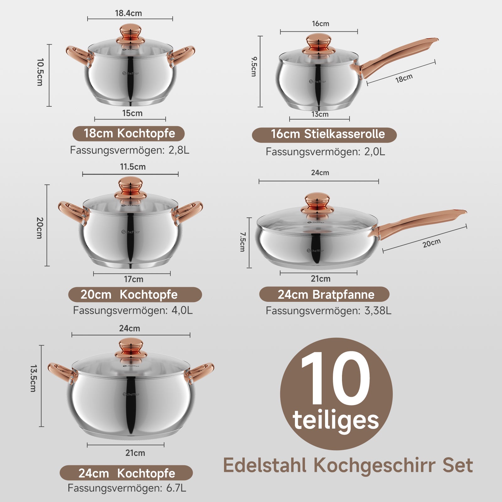 Scheffler 10-teiliges Edelstahl Topfset mit Deckeln, induktionsgeeignet, passend für alle Herdarten