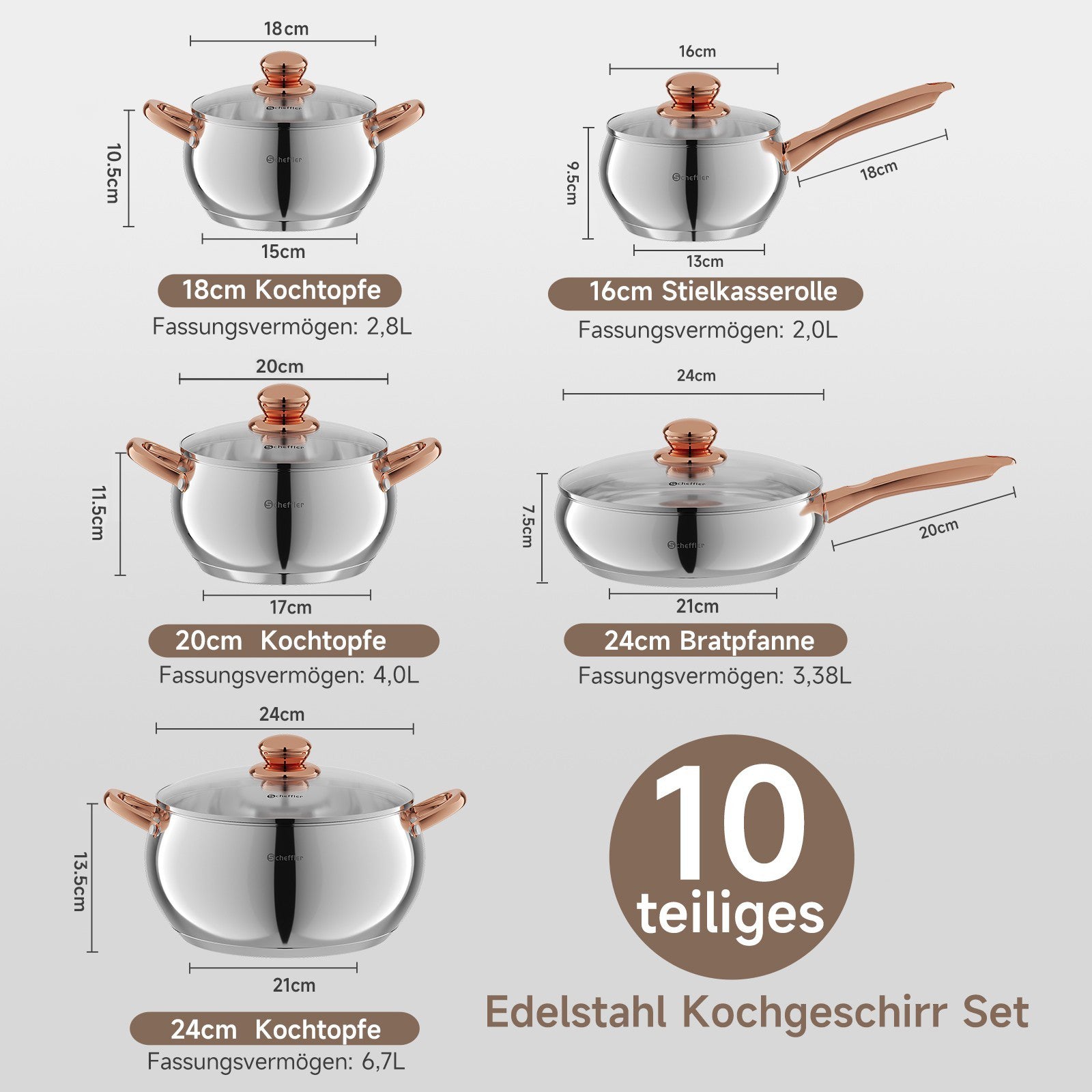 Scheffler 10-teiliges Edelstahl Topfset mit Deckeln, induktionsgeeignet, passend für alle Herdarten