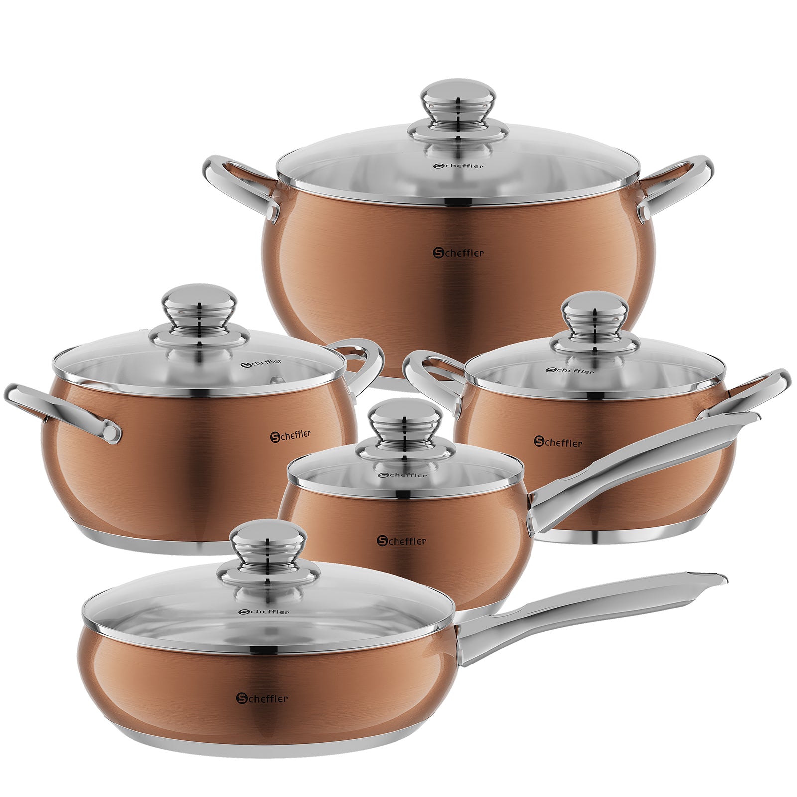 Scheffler 10-teiliges Edelstahl Topfset mit Deckeln, induktionsgeeignet, passend für alle Herdarten