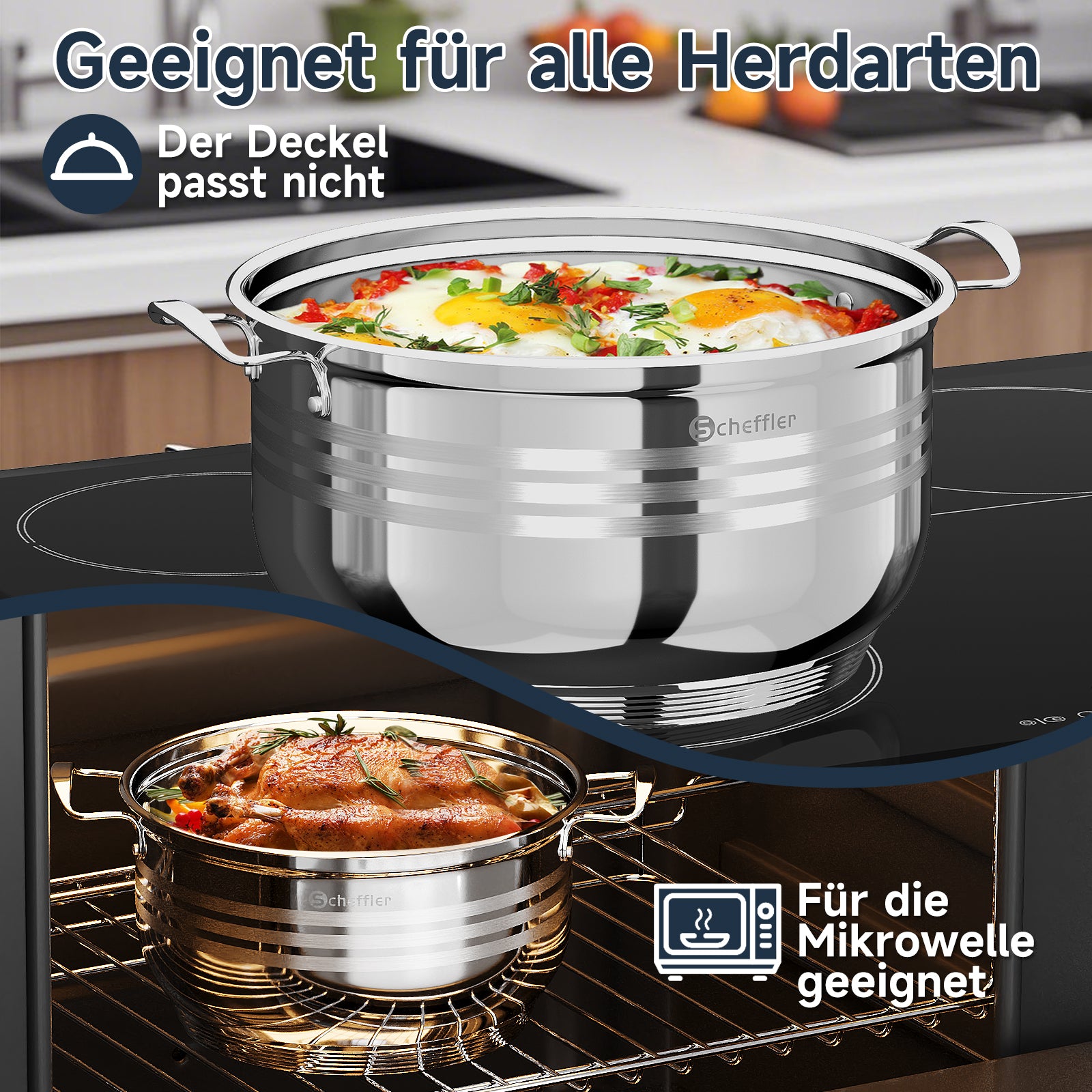 32/36/40 cm Topfset Scheffler Edelstahl Topfset 6-teilig, Kochgeschirr mit Deckel, induktionsgeeignet und passend für alle Herdarten