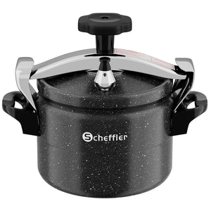 Schnellkochtopf mit ergonomischen Griffen und Drehknöpfen