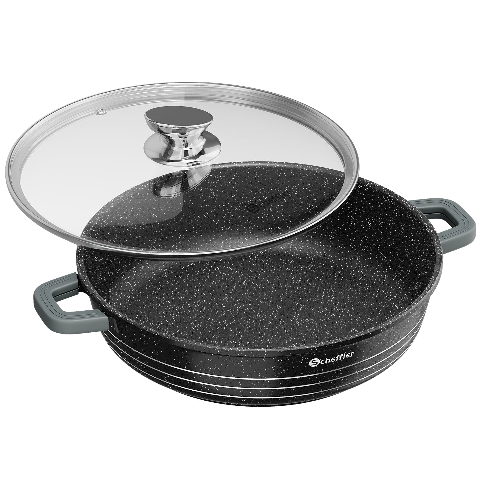 Scheffler Induktions-Servierpfanne aus Aluminiumguss mit marmorierter Antihaftbeschichtung, Glasdeckel und hitzebeständigem Silikongriff
