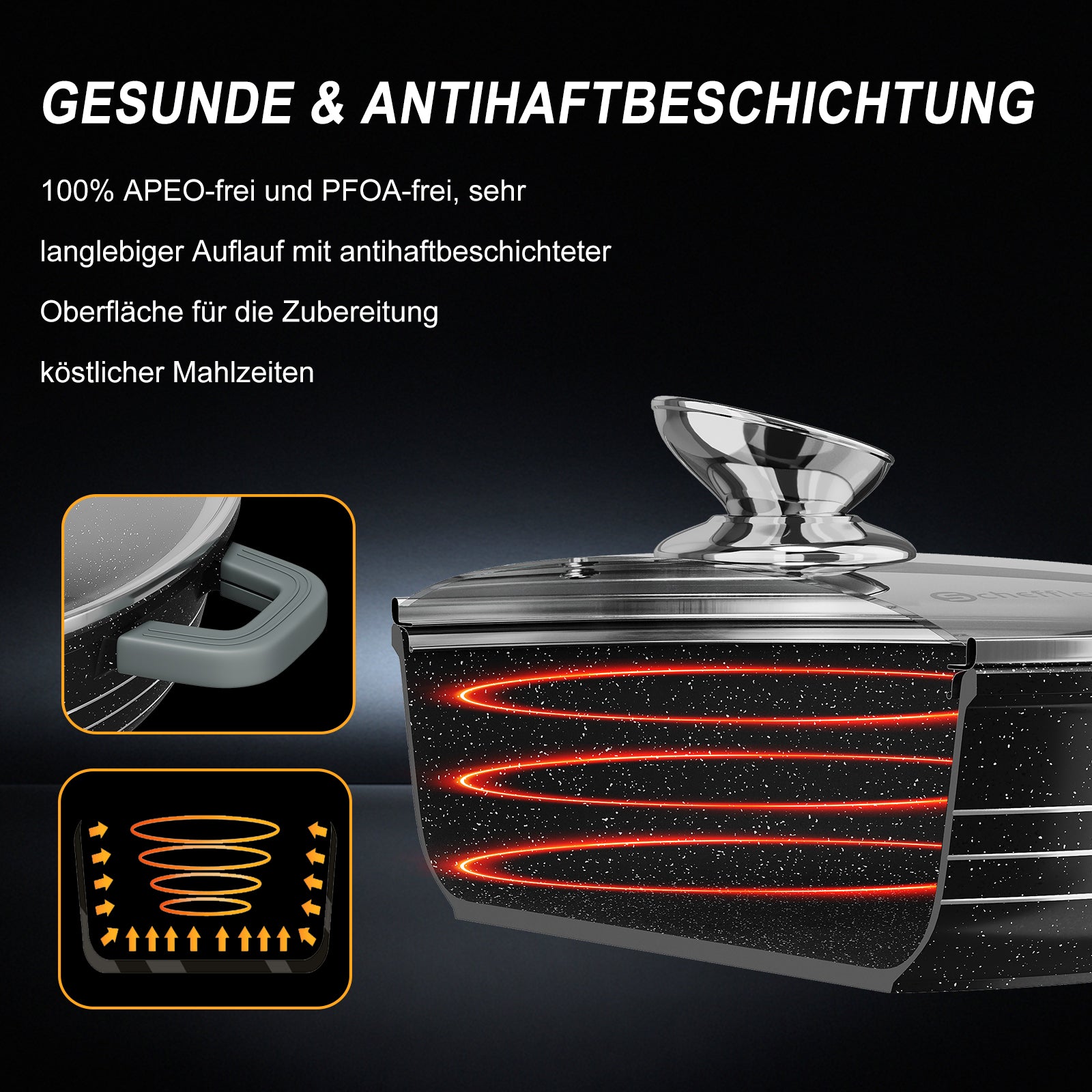 Scheffler Induktions-Servierpfanne aus Aluminiumguss mit marmorierter Antihaftbeschichtung, Glasdeckel und hitzebeständigem Silikongriff