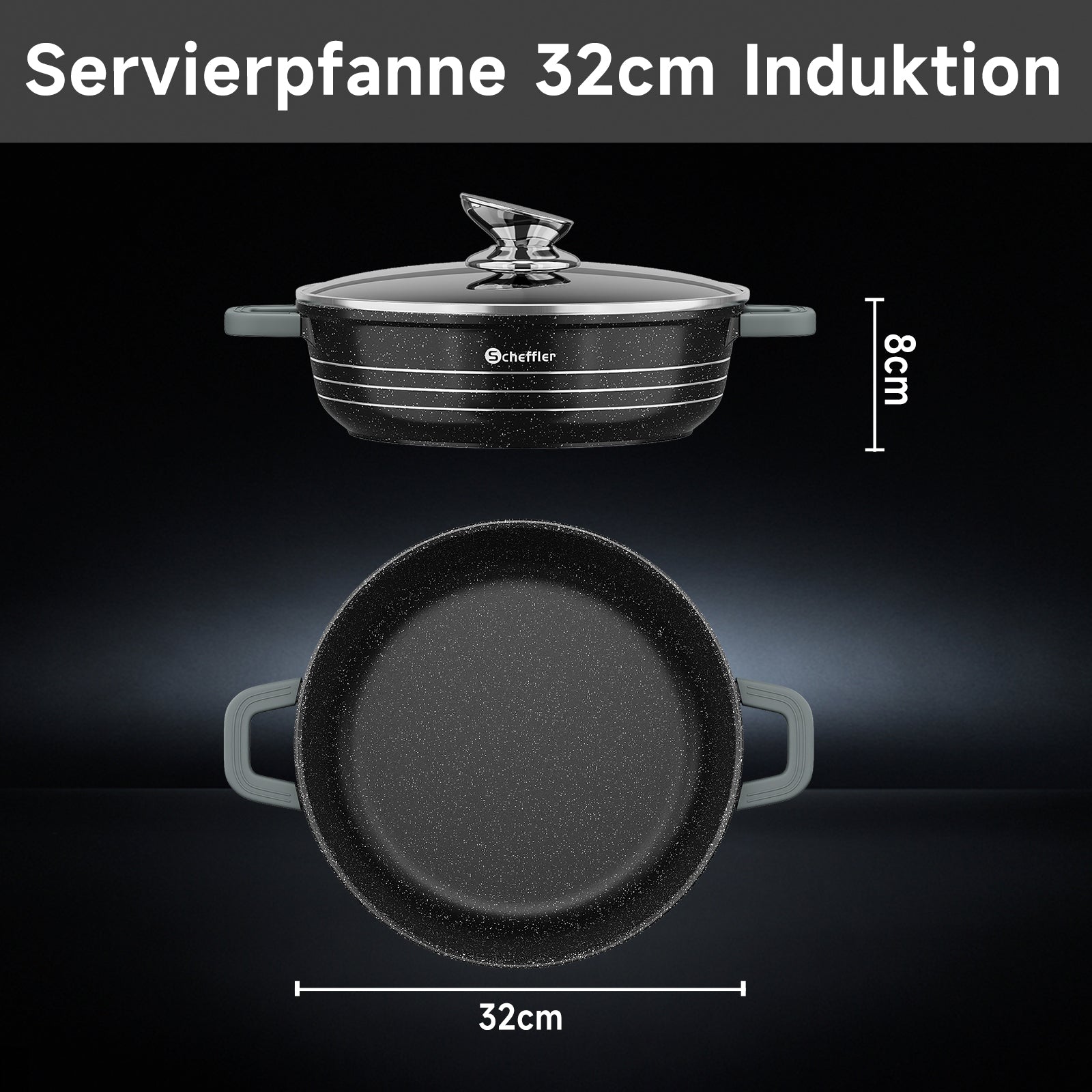 Scheffler Induktions-Servierpfanne aus Aluminiumguss mit marmorierter Antihaftbeschichtung, Glasdeckel und hitzebeständigem Silikongriff